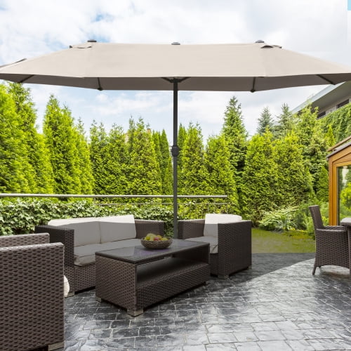 Buumin Outsunny Patio Umbrella 15' Steel Rectangular Outdoor Double Sided Market with base, Sun Protection & Easy Crank for Deck Pool Patio, Coffee