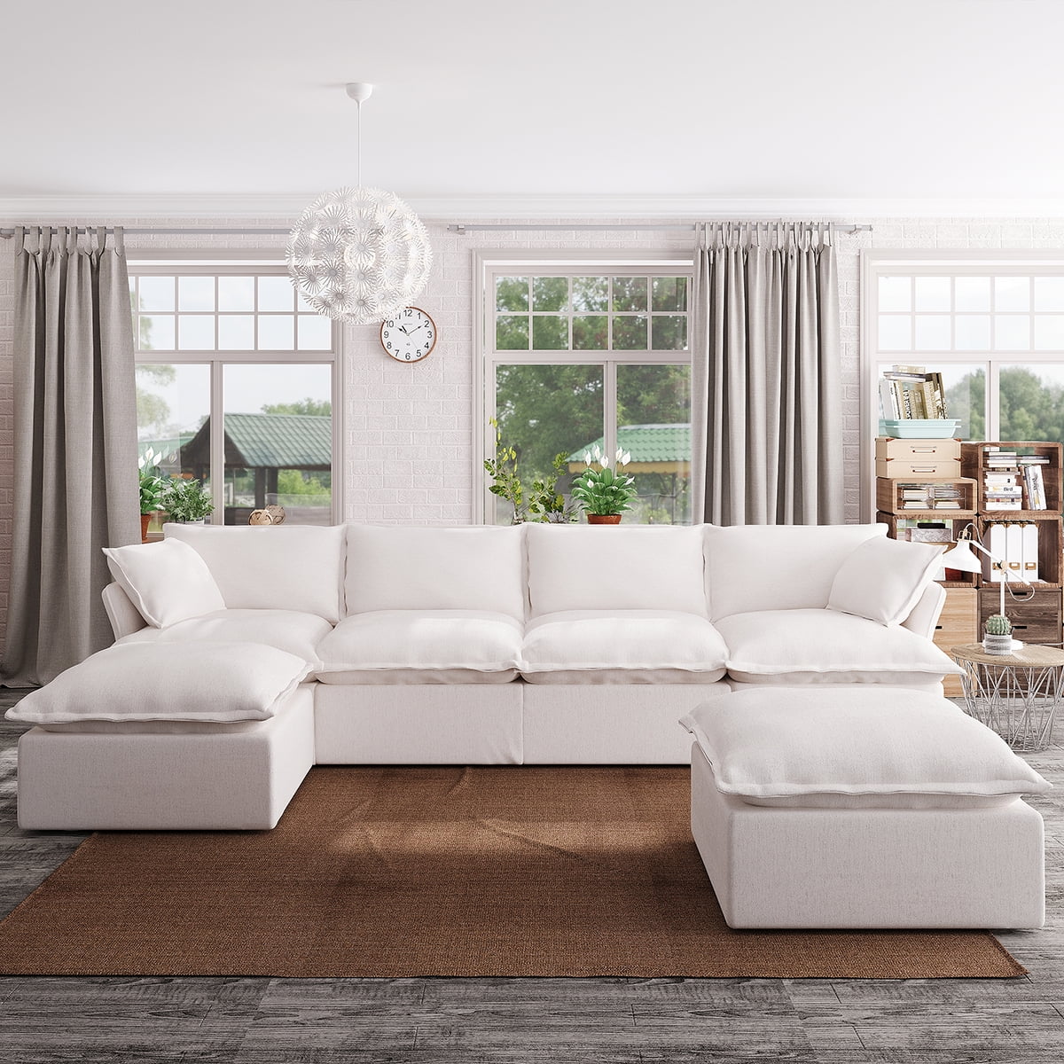 Indecor Home Sectional Sofa U Shape 4 Seater with 2 Ottomans Convertible Couch Linen Blend Sofa Set for Living Room Furniture White