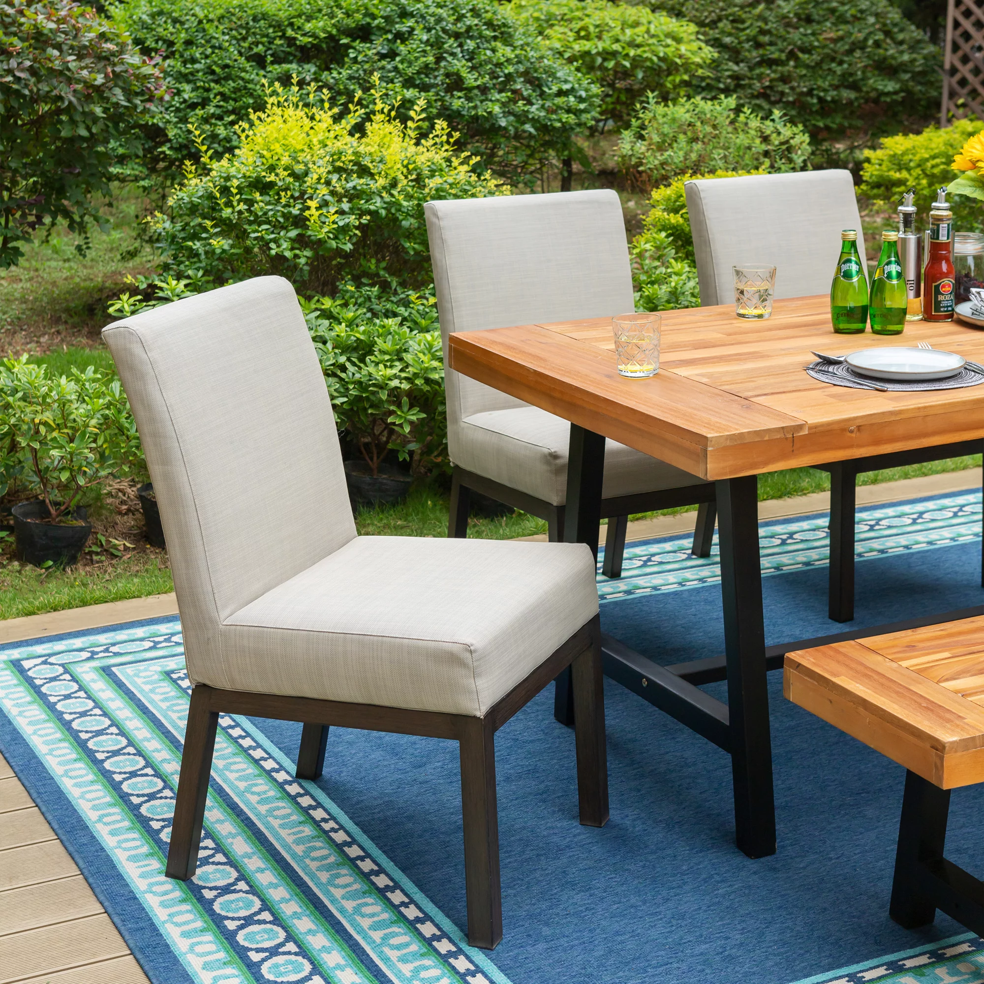 MF Studio 6-Piece Patio Dining Set with 4 PCS Cushion Padded Parsons Chairs, 1 PC Solid Wood Bench&1 PC Large Solid Wood Table, Beige