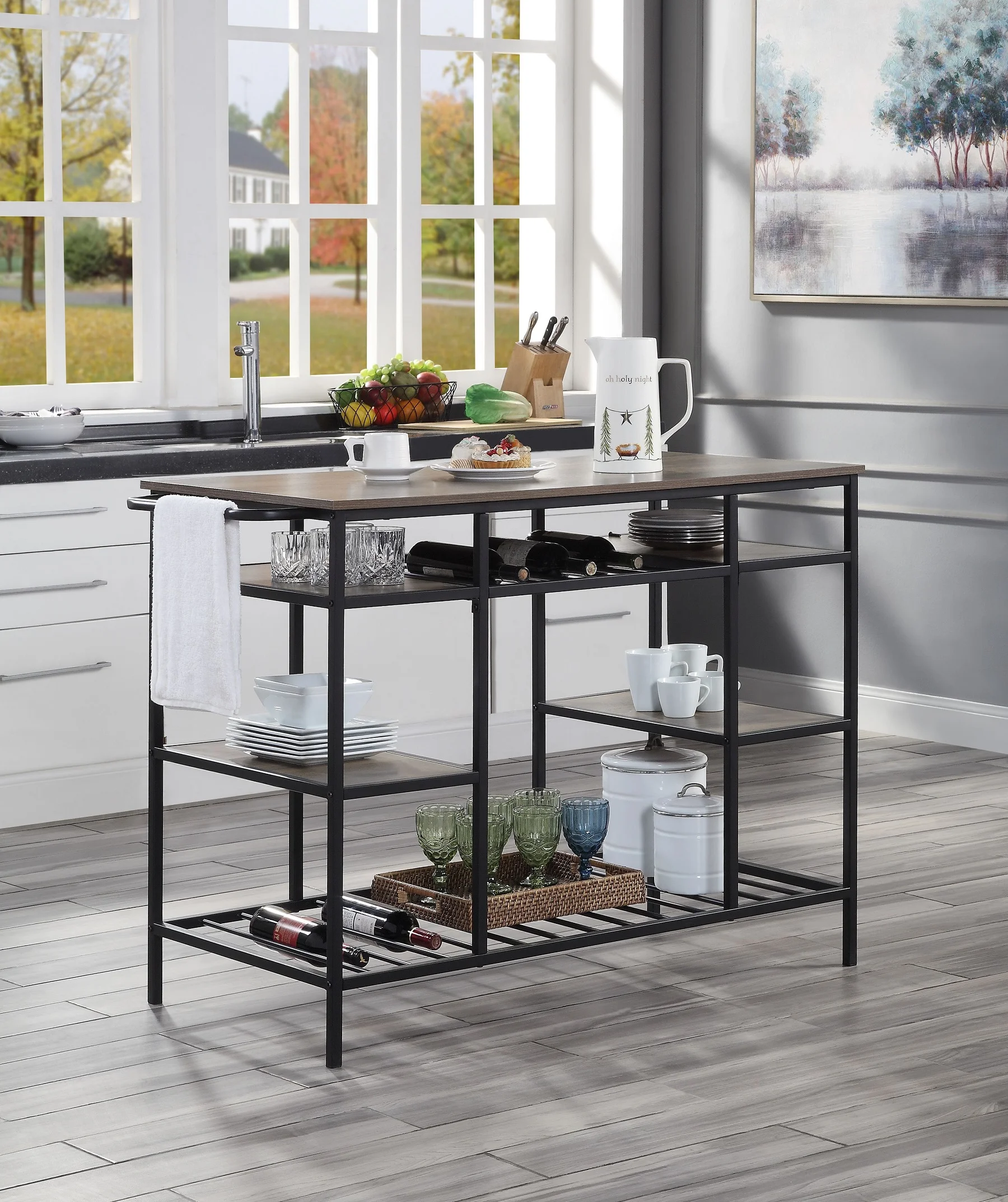 HUTWIFE 47 inch Kitchen Island with 4 Shelves, Kitchen Storage Shelf Kitchen Baker’s Rack with Large Worktop, Industrial Wood and Metal Coffee Bar Rack, Rustic Brown