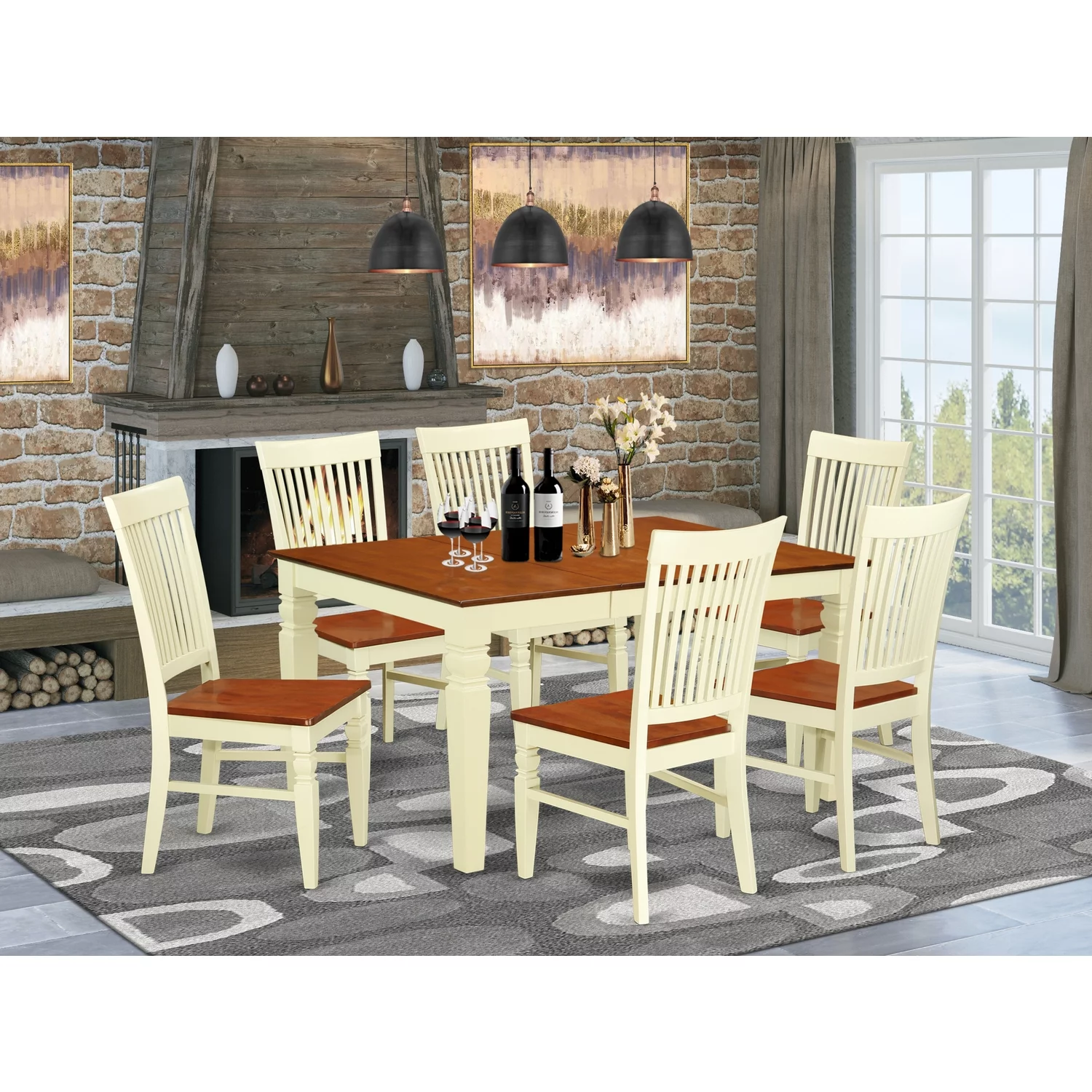 East West Furniture Weston 7-piece Wood Dinette Set in Buttermilk/Cherry