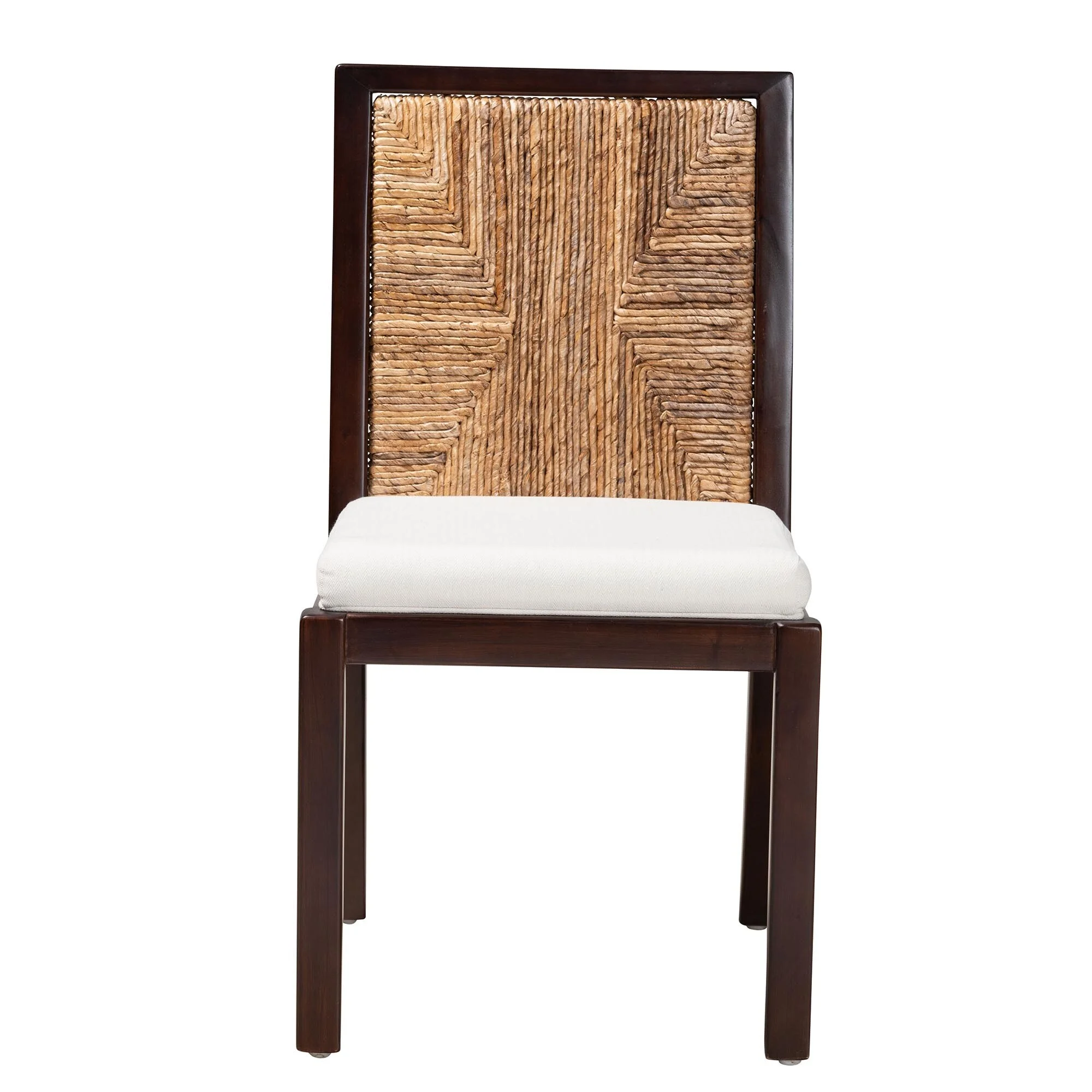 bali & pari Joana Modern Bohemian Dark Brown Mahogany Wood and Natural Abaca Dining Side Chair