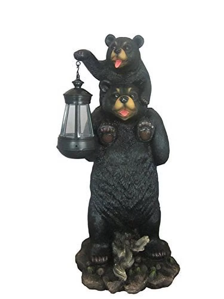 Rustic Black Bear Carrying Cub On Shoulder Family Statue Solar LED Lantern Light