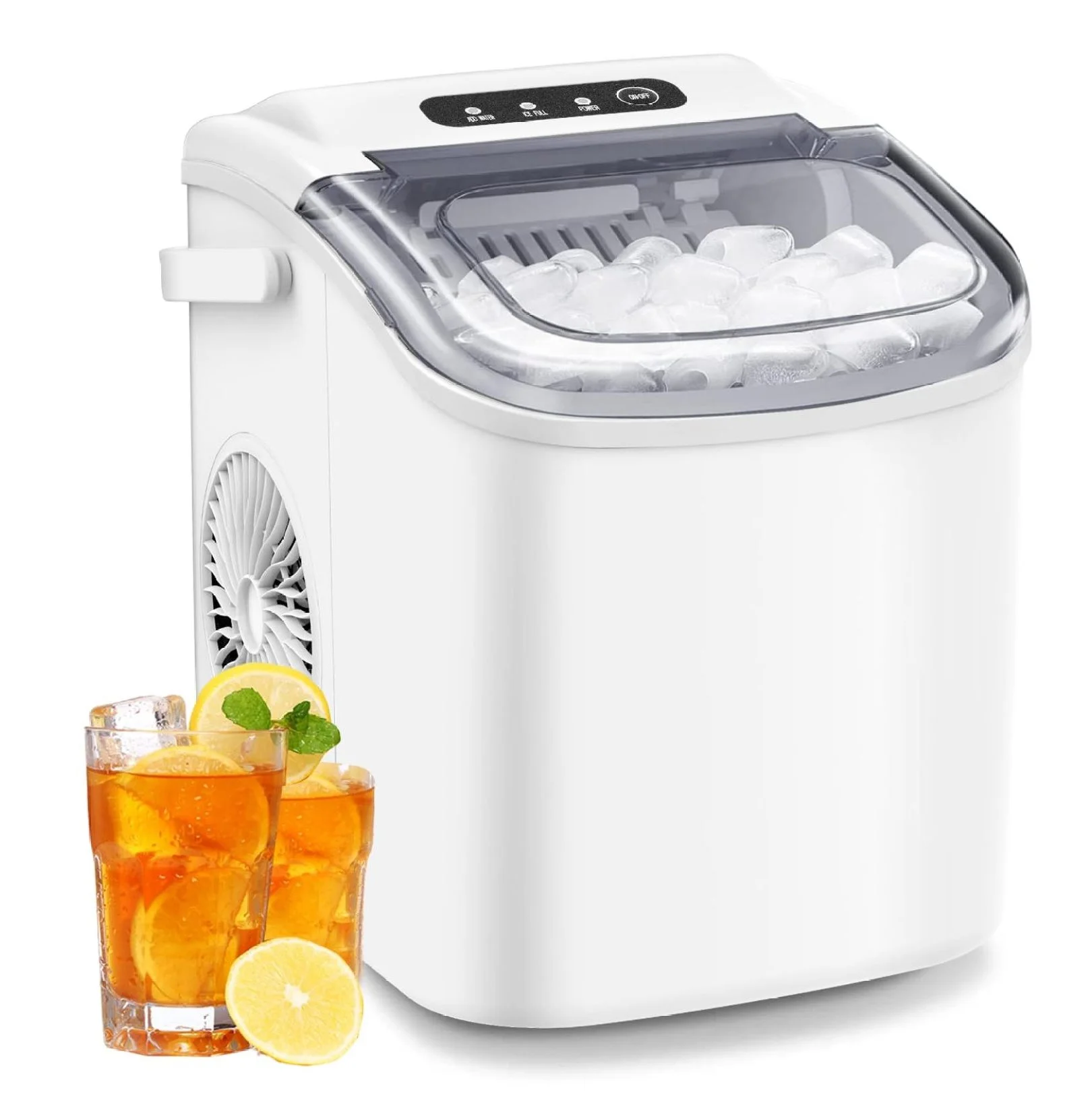 Ice Maker Machine Countertop, 26 lbs in 24 Hours, 9 Cubes Ready in 6 Mins, Self-Cleaning, Portable Ice Maker with Ice and Basket,White