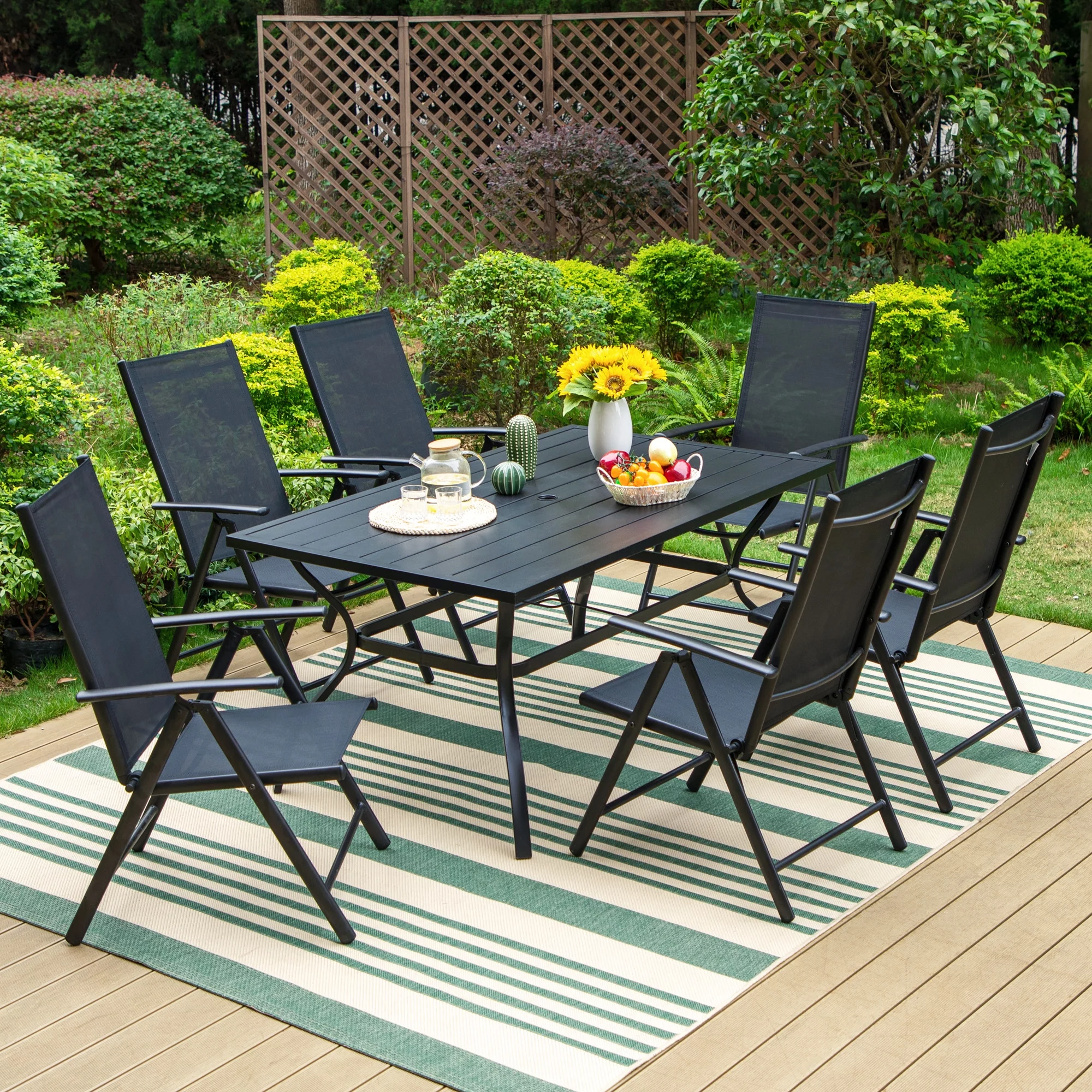 MF Studio 7-Piece Aluminum Outdoor Patio Dining Set with 7-Level Adjustable Folding Sling Chairs&Large Table, Breathable Textilene Fabric, Black