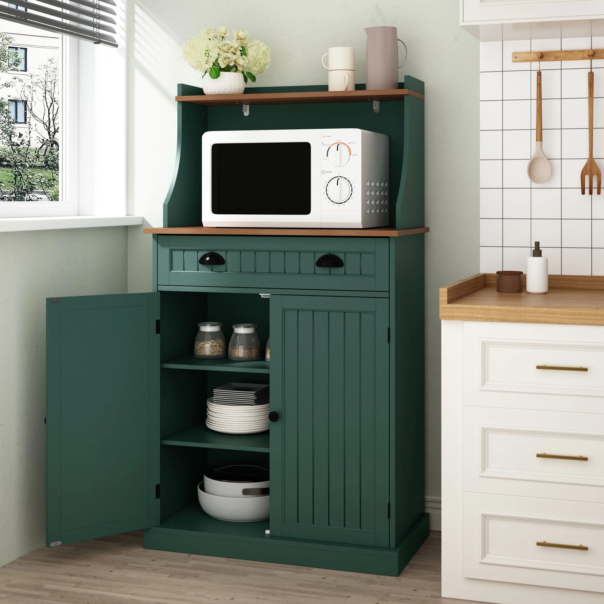 HLR 54 inches Microwave Cabinet with Storage and Drawers, Microwave Cabinet with Storage for Kitchen, Dining Room, Green