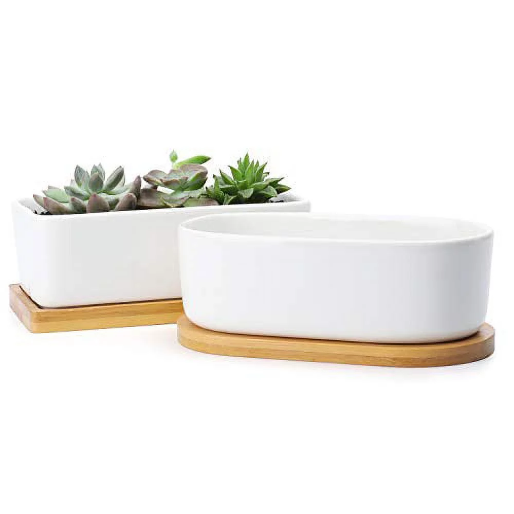 White Plant Pots - 6 Inch Rectangular Ceramic Planters with Bamboo Trays and Drainage Holes for Bonsai, Flowers or Succulents, Set of 2
