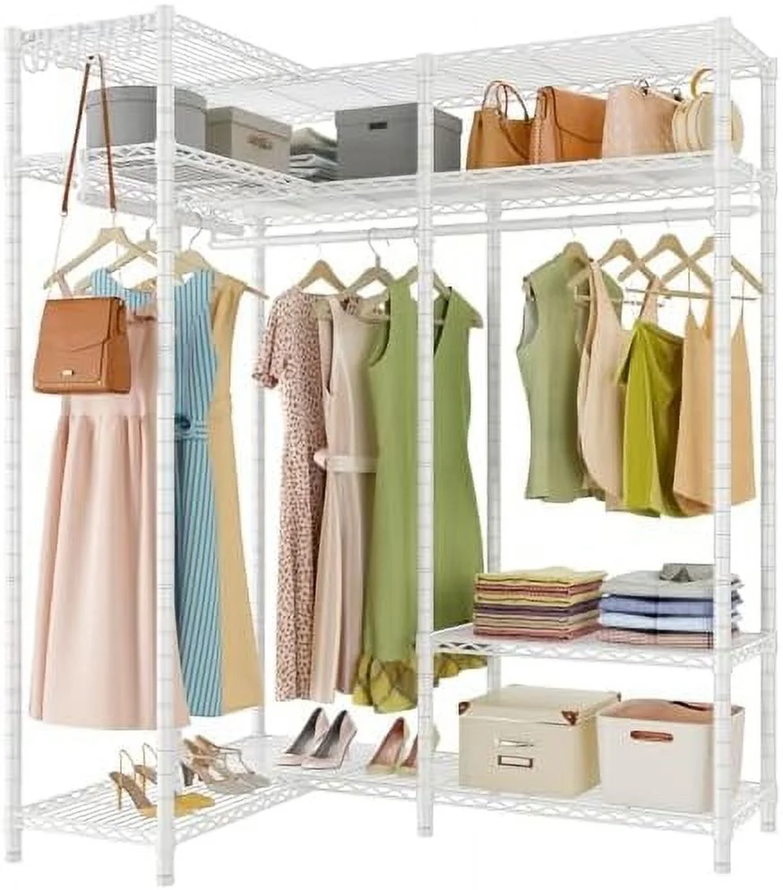 YPDCHB L30 Corner Closet System L Shaped Garment Rack with Shelves  L Corner  for Hanging Clothes  Freestanding Portable Wardrobe Closet Rack Heavy Duty Wire Clothing Rack for Corner  Bla
