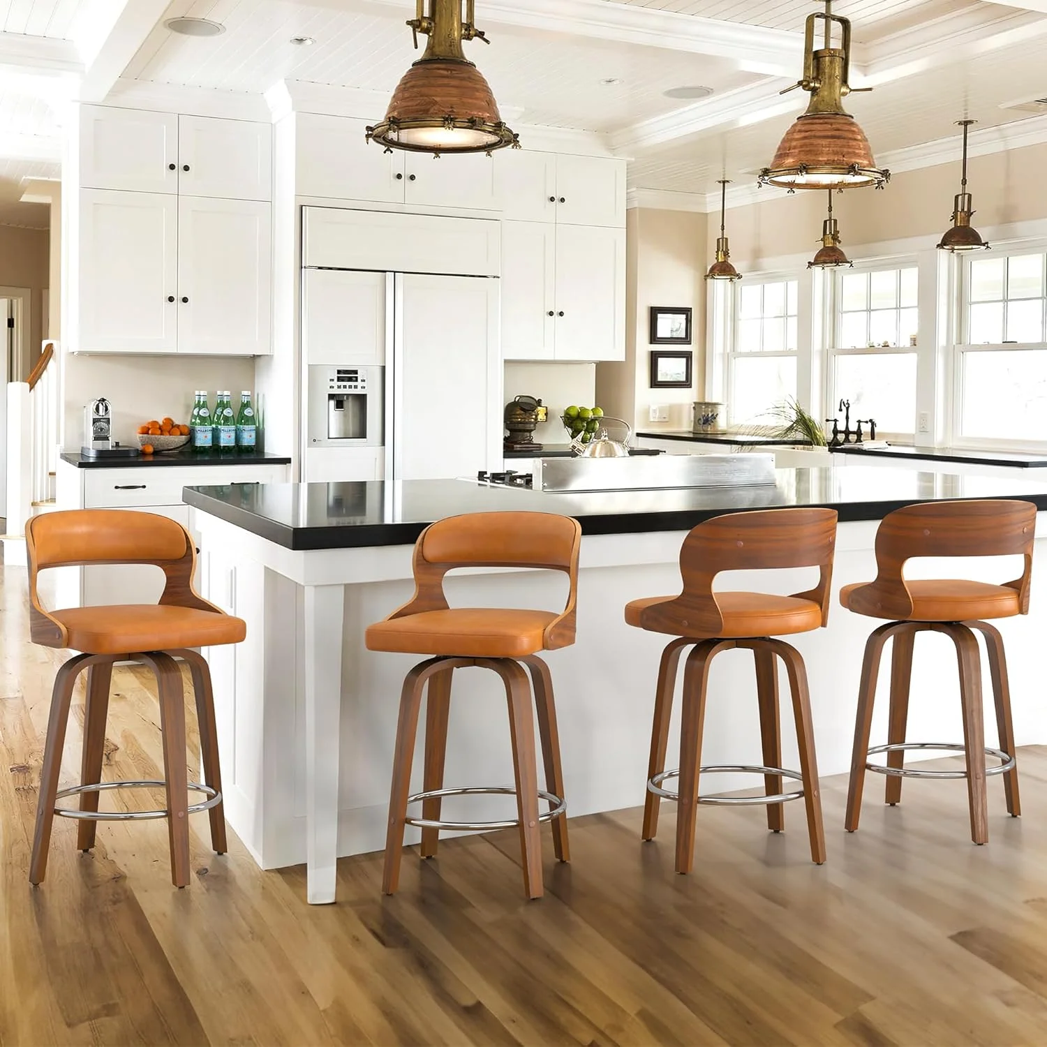 U-ToBe Bar Stools Swivel, Mid Century Modern Bar Stools, 26 Inch Bar Chairs with Hollow Back, Walnut Finish and Faux Leather Seat, Counter Height Barstool Set of 4, Whiskey Brown