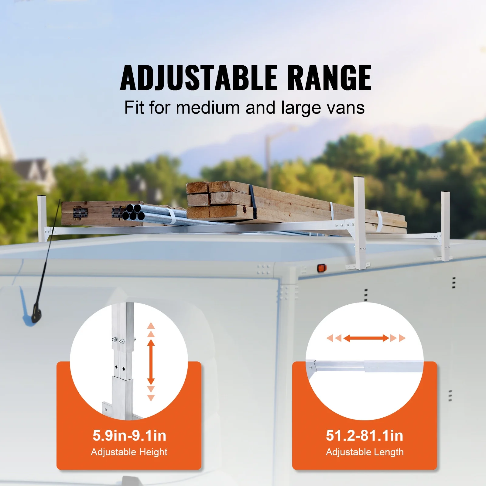 BENTISM 2 Bars Van Roof Ladder Rack 400 lbs Adjustable 51.2