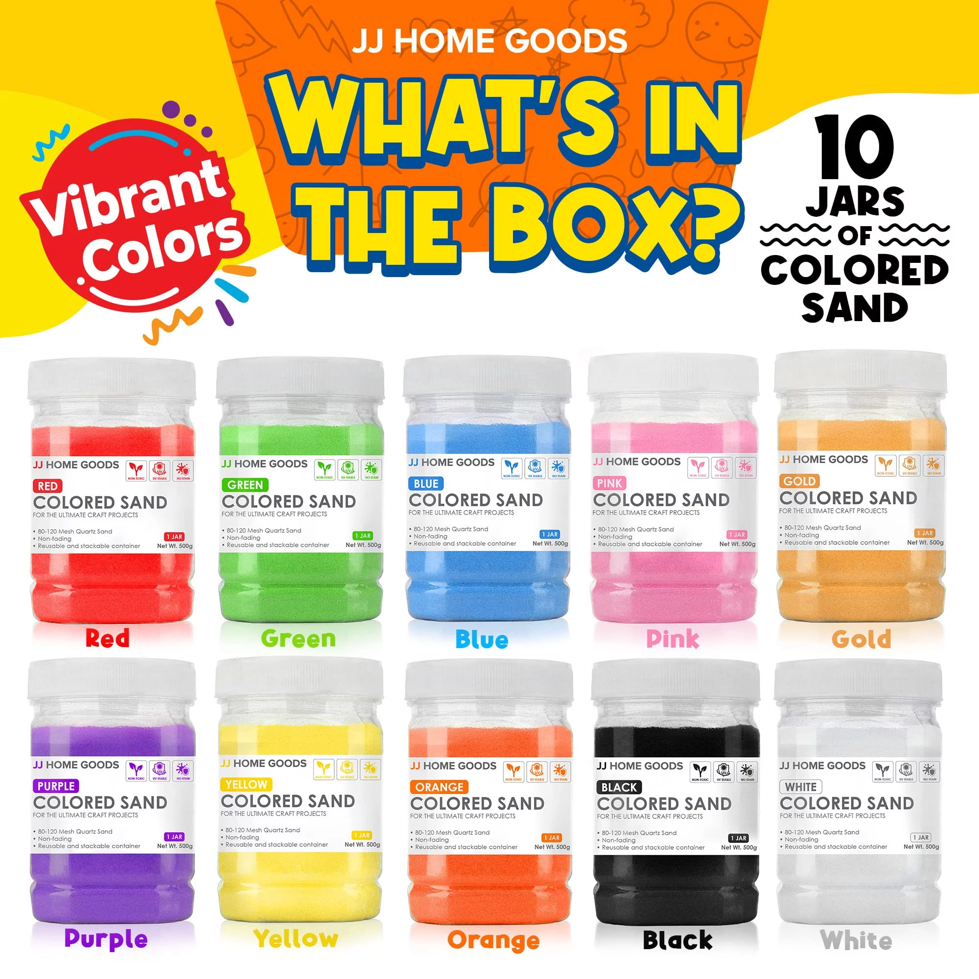 JJ CARE Colored Sand, 11 lbs. [10 Bottles] Craft Sand Art Kit for Kids 3 Years Above, Non-Toxic Color Sand Art Bulk, UV Stable Colorful Sand for Crafts, Wedding & Decorations, Kids Art Sand