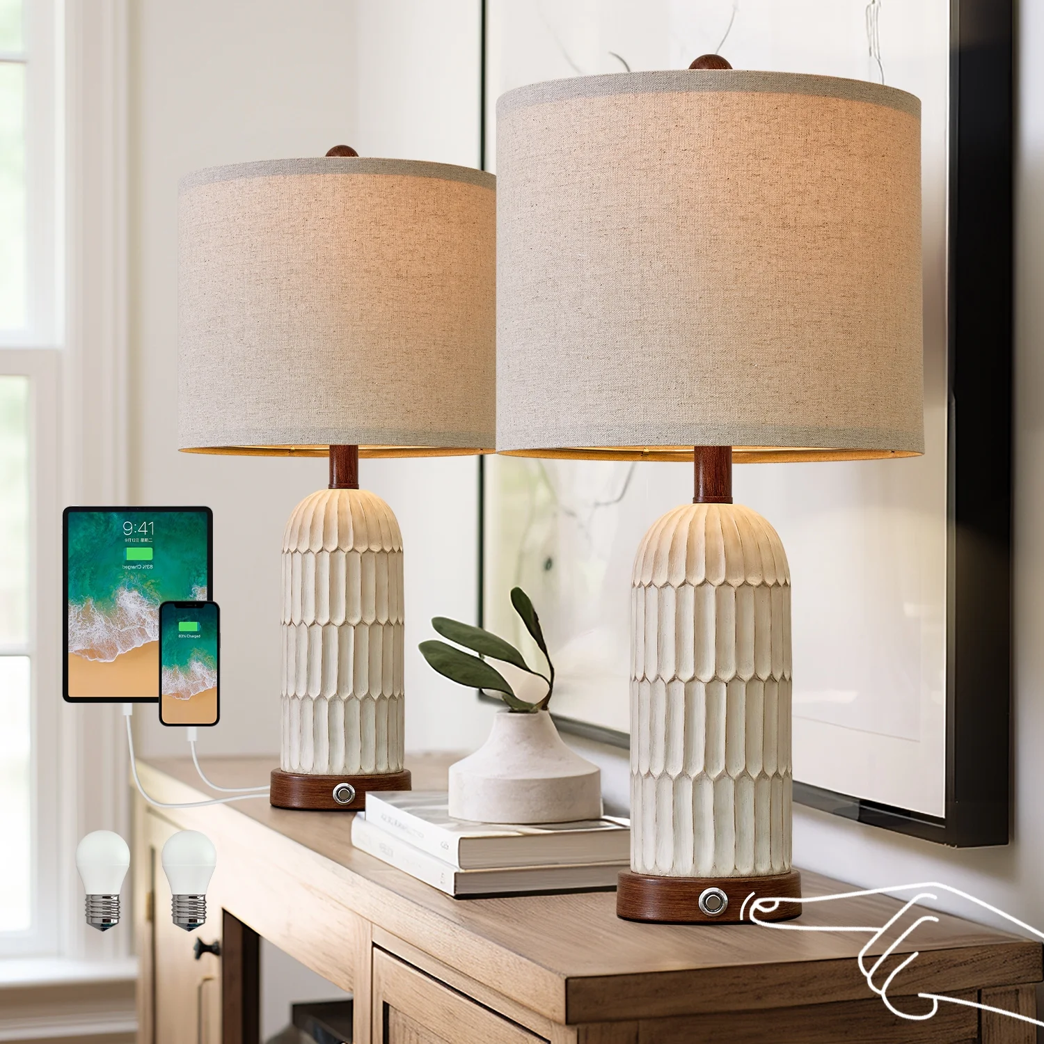 Oneach 3 Way Dimmable Rustic Table Lamp Set of 2 with USB Ports, 22.5