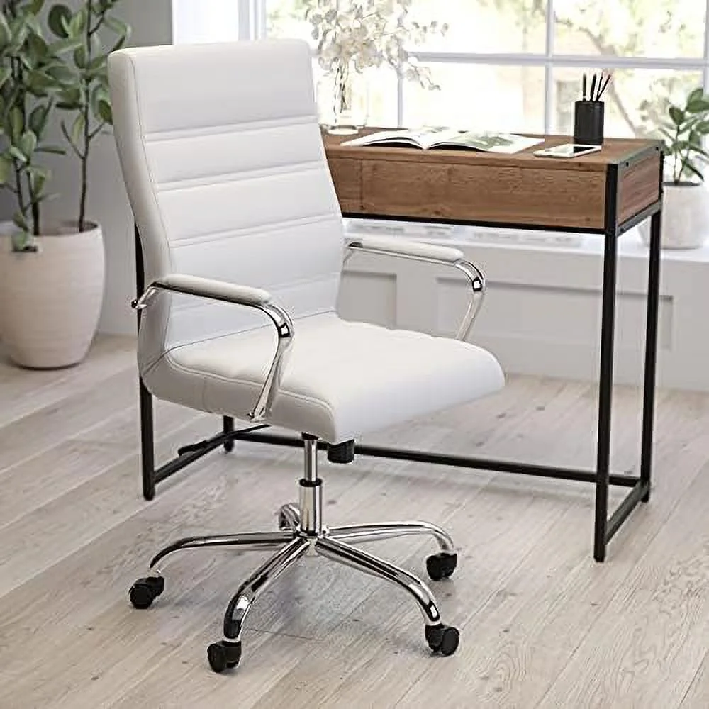 GEROBOOM Milano Contemporary High-Back White Faux Leather Home Office Chair with Padded Chrome Arms
