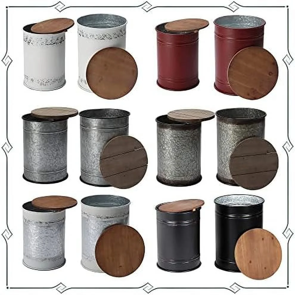WTYNKAE Rustic  Ottoman Seat Stool  Farmhouse Accent   Antique Galvanized Metal End Table Box Bin with Round Wooden Lid  (Stand Galvanized)