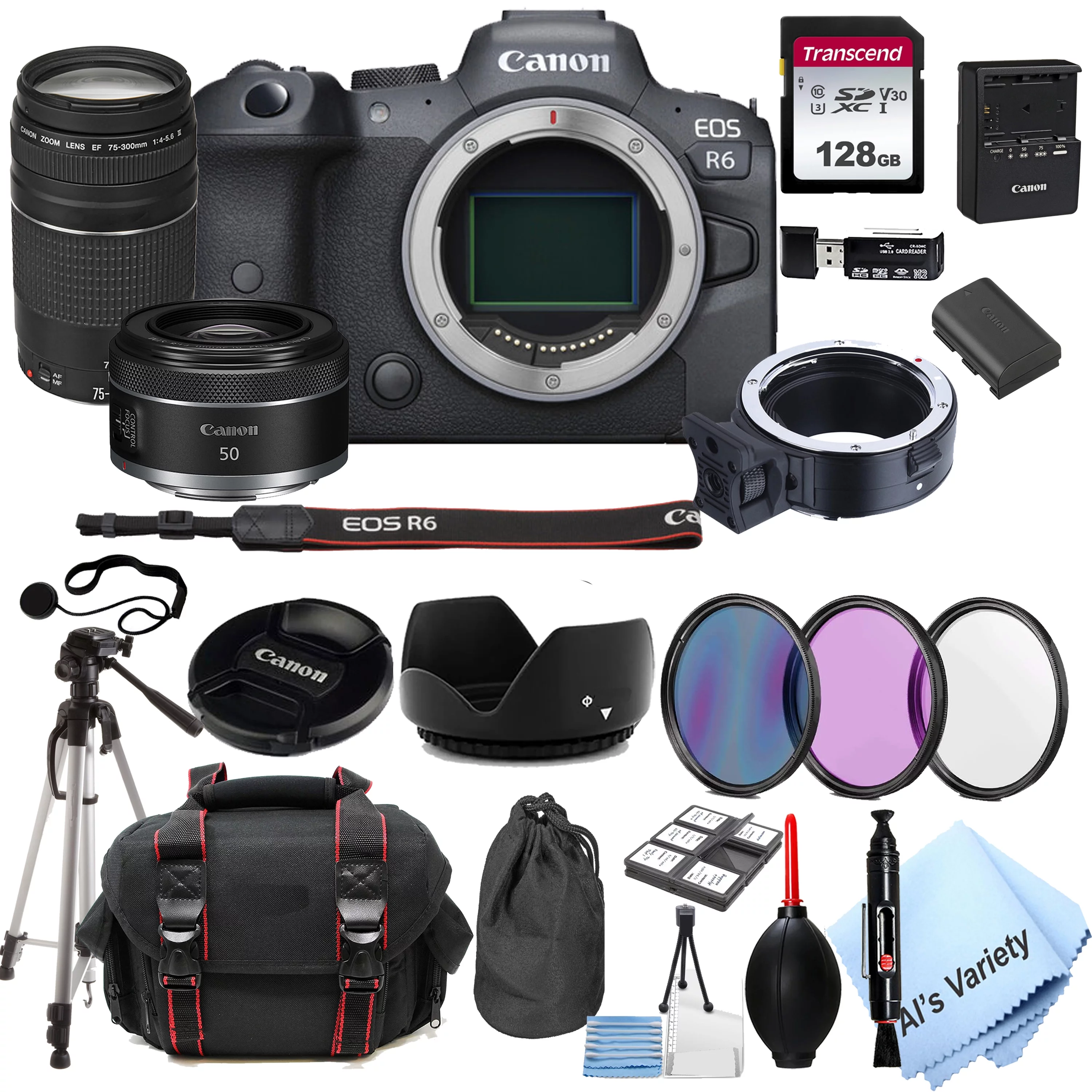 Canon EOS R6 Mirrorless Digital Camera with RF 50mm f/1.8 STM  Lens Bundle + 75-300mm F/4-5.6 III Lens + 128GB Memory + Case + Filters + Tripod (26pc Bundle)