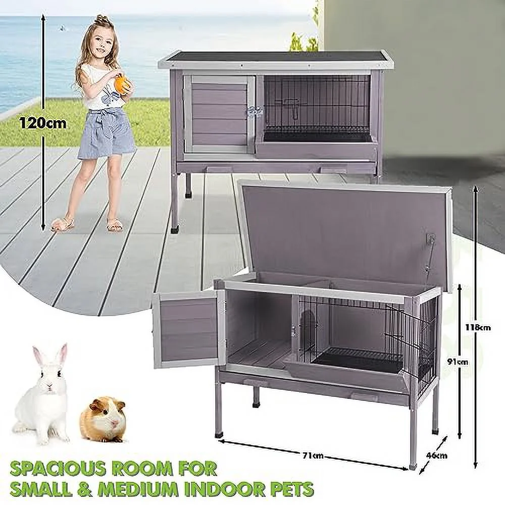 Rabbit Hutch, Wooden Bunny Cages Indoor with Deeper Leakproof Tray - Upgrade with Metal Wire Pan (Grey, Rabbit Hutch #001-B) Large