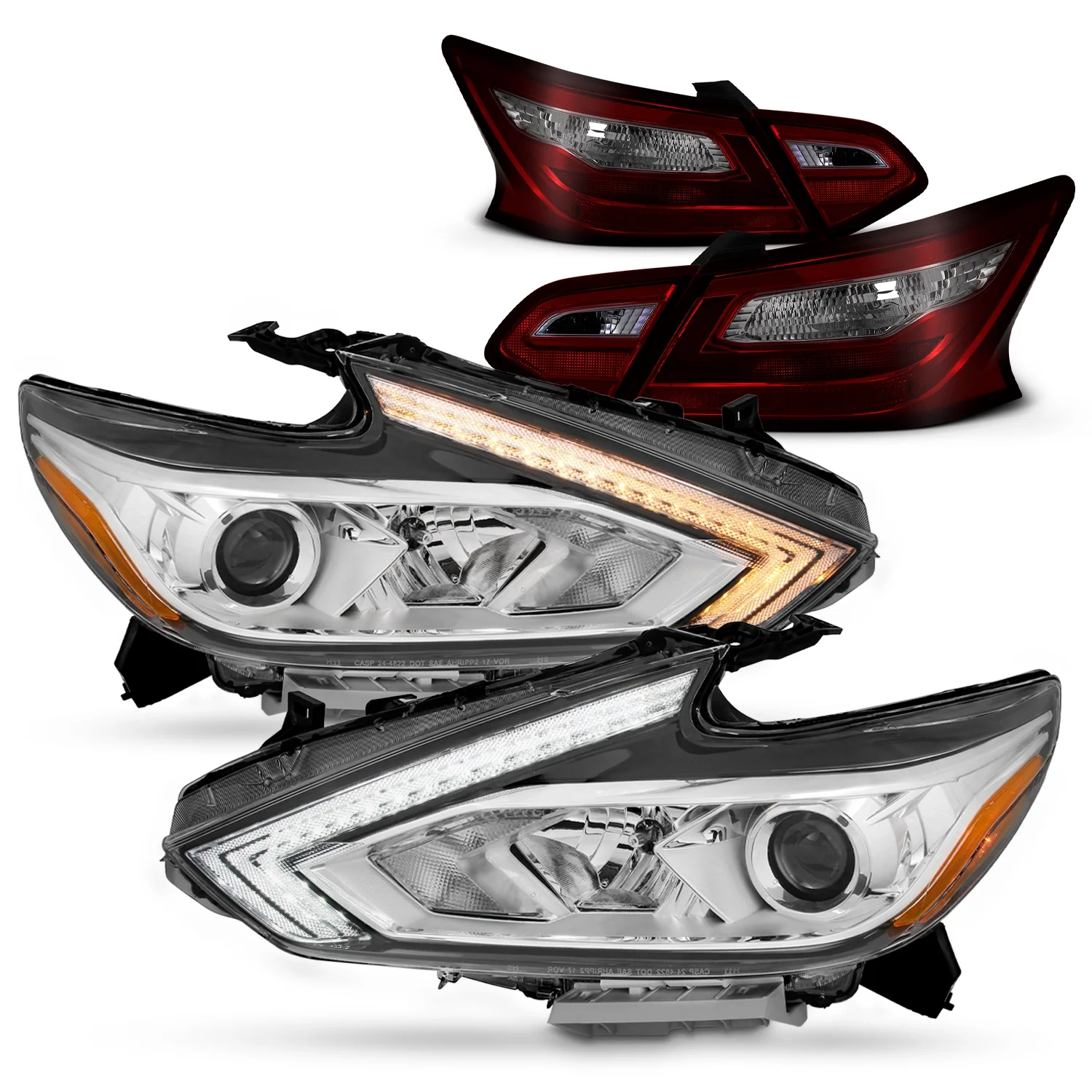 AKKON - Fit 2016-2018 Altima 4-Door OE [Halogen Type] LED/DRL Switchback Chrome Projector Headlight + Red Smoked Lamp Tail Light