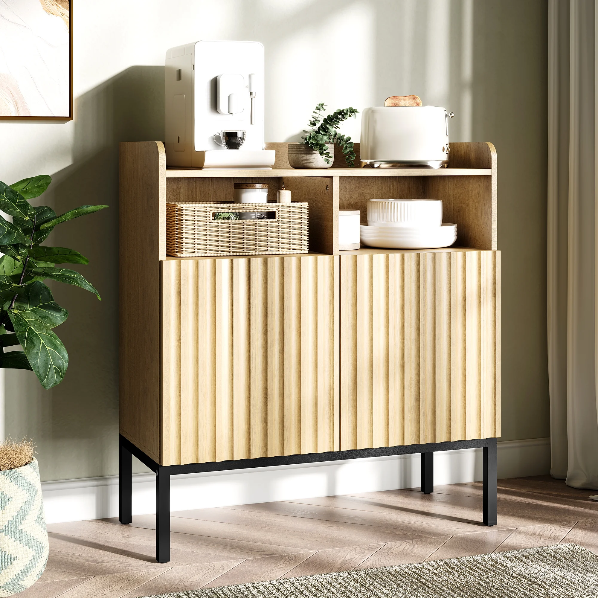 HLR 33'' Modern Wood Fluted 2 Door Accent Storage Cabinet with Metal feet, Brown