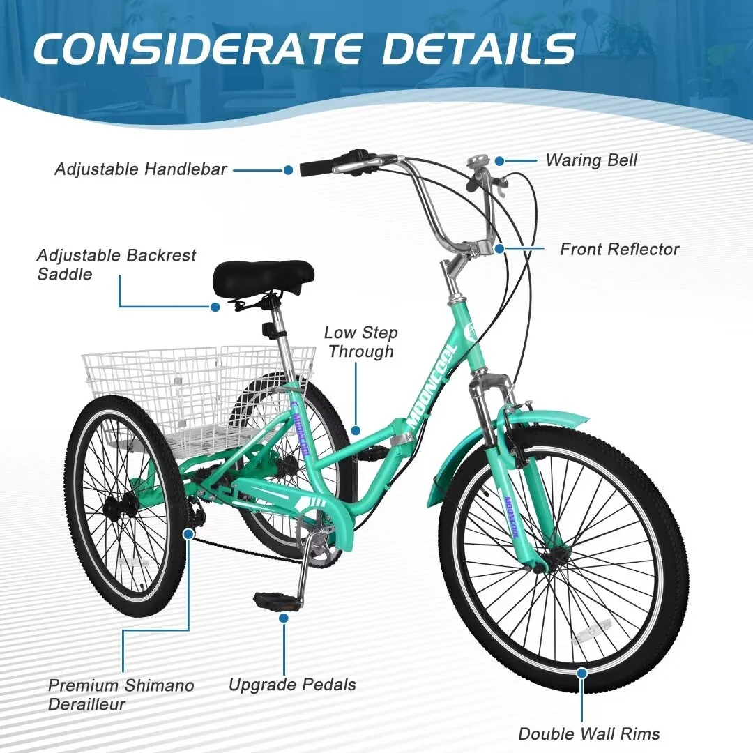 Docred Folding Tricycle for Adults, 20/24/26 Inch 7-Speed Trike, 3 Wheels Foldable Bicycle for Adults