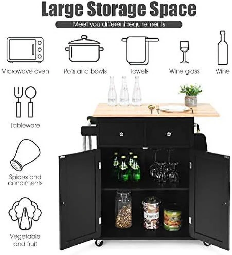 JDZHAPPYLIFE Kitchen Island Cart  Rolling Wood Trolley with  Cabinet  Towel Handle  2 Drawers  Side Spice Rack and Wine Bottle Rack  Kitchen Cart on Wheels  Rubber Wood Countertop (Black)