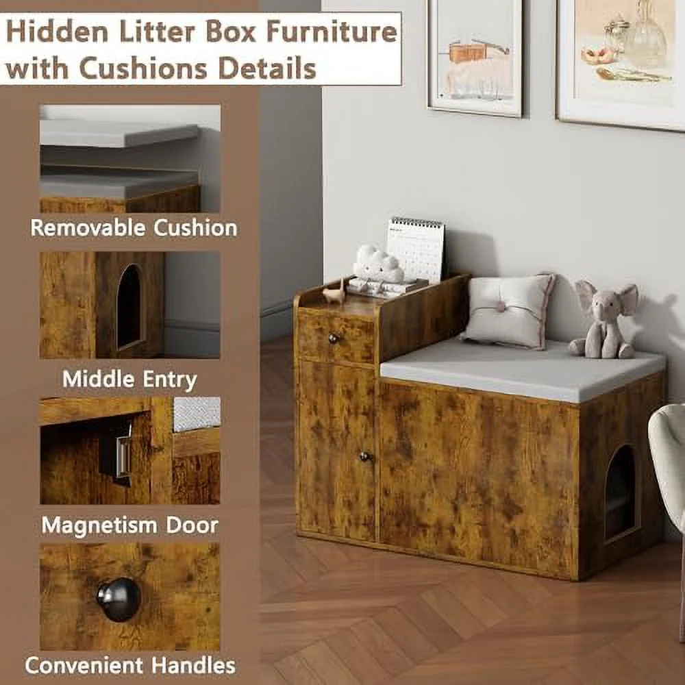 Cat Litter Box Enclosure  34” Litter Box Enclosure with Top Opening with Removable Cushion  Wooden Cat Washroom Hidden Litter Box Furniture House