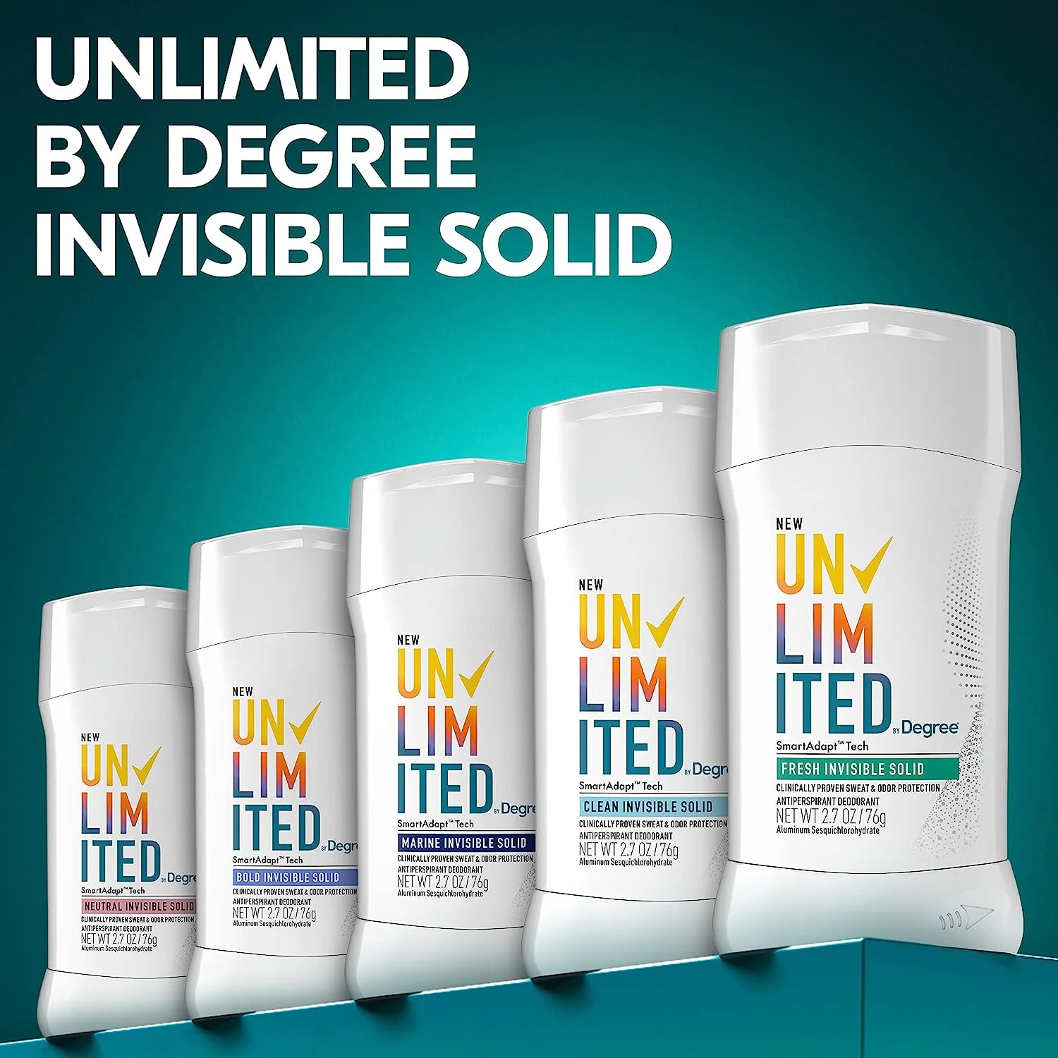 Degree Unlimited Antiperspirant Deodorant Stick Fresh 2 Count Long-Lasting Sweat & Odor Protection with Antiperspirant Technology SmartAdapt Tech 2.7 oz Fresh Invisible Solid 2.70 Ounce (Pack of 2)