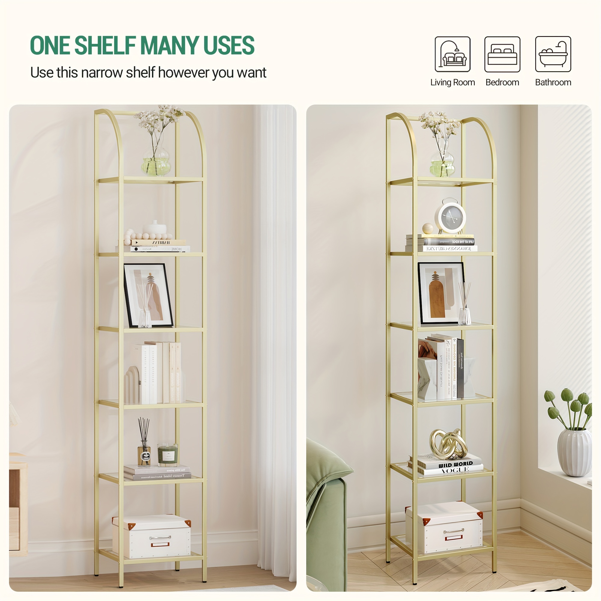 5 Tier Bookcase Bookshelf, Tempered Glass Arched Bookshelf for More Storage, Slim Shelving Unit for Bedroom, Bathroom, Home Office, Steel Frame, Gold
