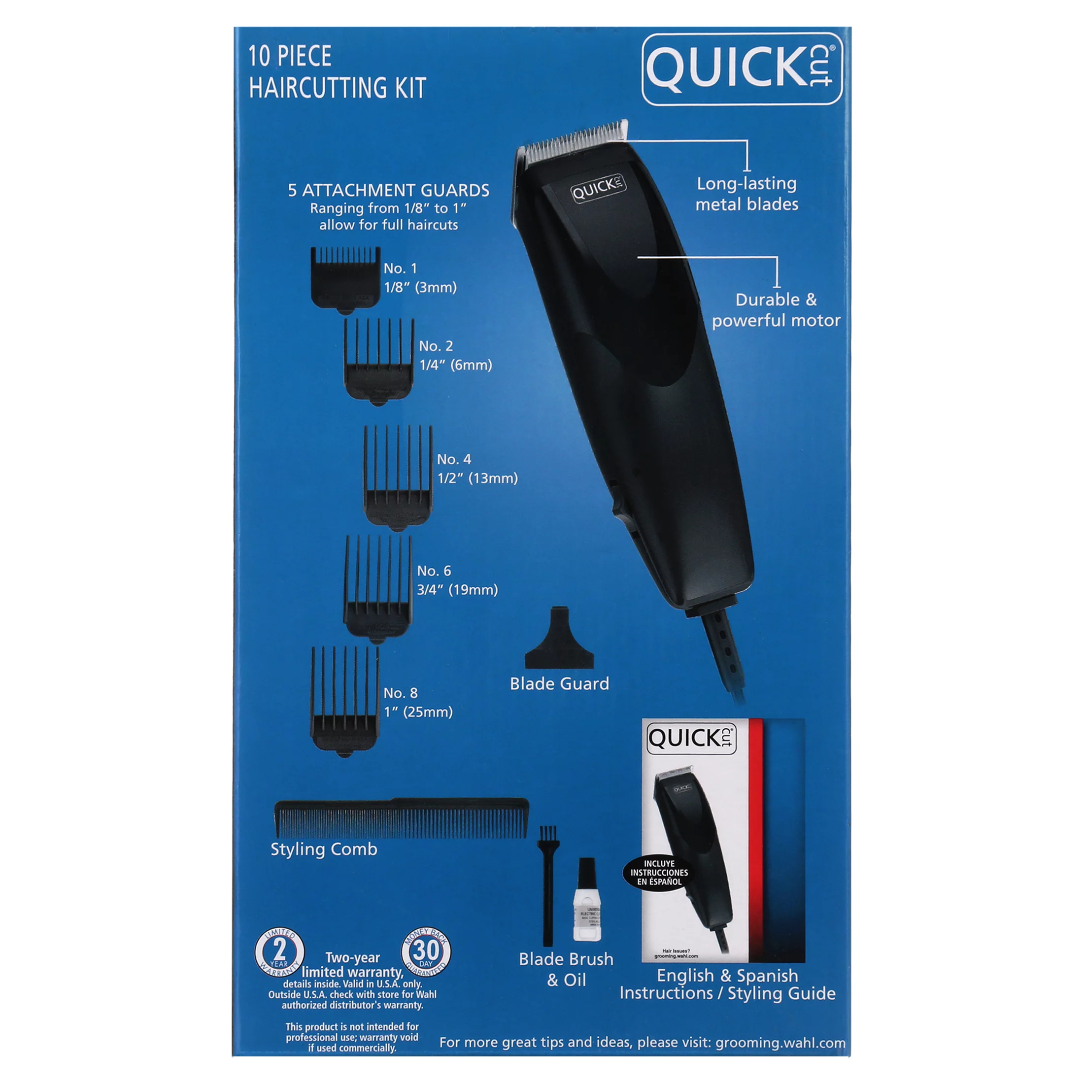 Quick Cut Hair Cutting Kit, 10 Piece Set with Clipper, Styling Guide, Blade Guard, English & Spanish Instructions, 9314-1501
