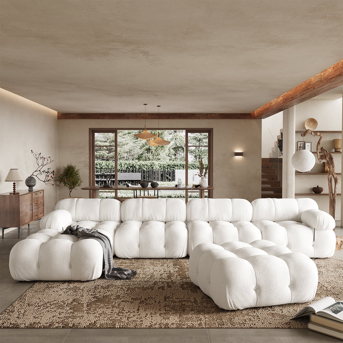 Indecor Home Modular Sectional Sofa, Modern Boucle 4 Seater with Ottoman Convertible Sofas for Living Room White