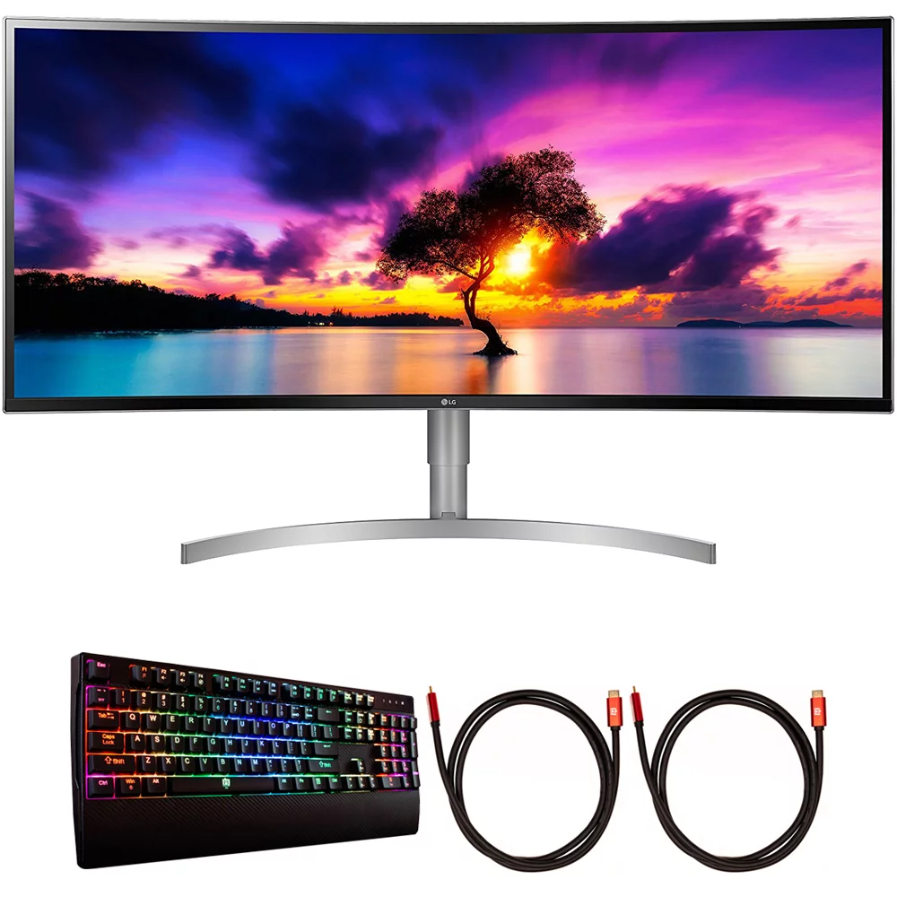 LG 38WK95C-W 38-Inch Class 21:9 Curved UltraWide WQHD+ Monitor with HDR 10 (2018) Bundle with Deco Gear Mechanical Gaming Keyboard and 2x Deco Gear 6FT 4K HDMI 2.0 Cable