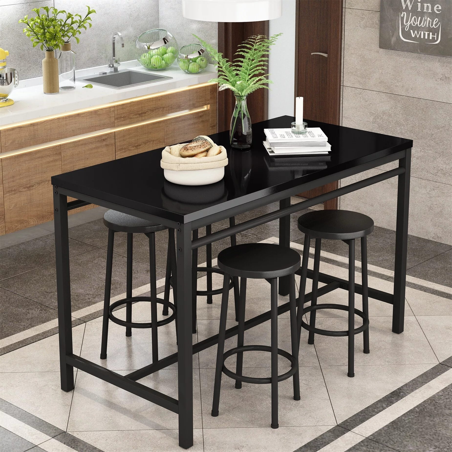 BESTCOSTY 5-Piece Rural Kitchen Table with 4 Bar Stools, Metal Frame and MDF