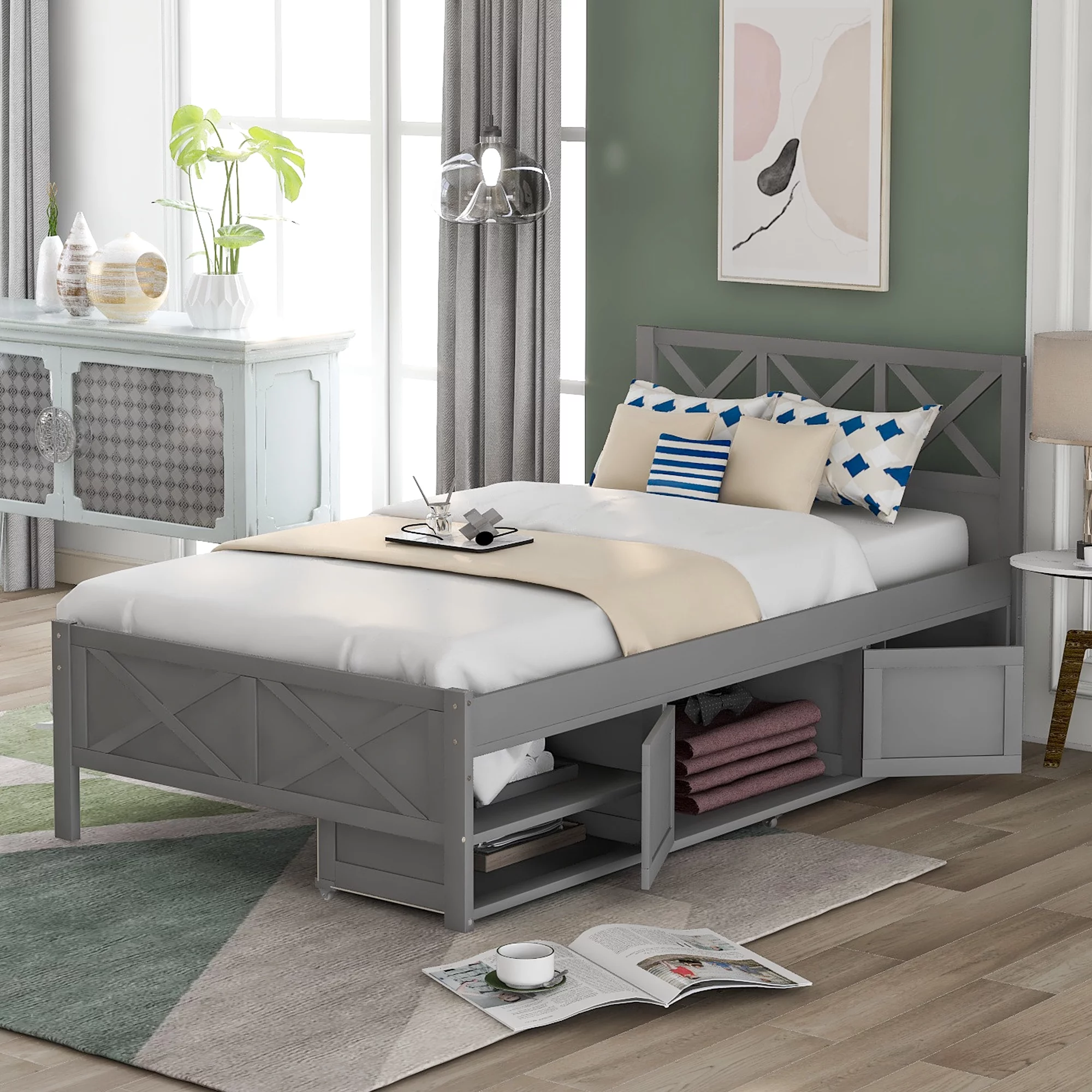 EUROCO Pine Wood Twin Size Platform Bed with Cabinet for Kids, Gray