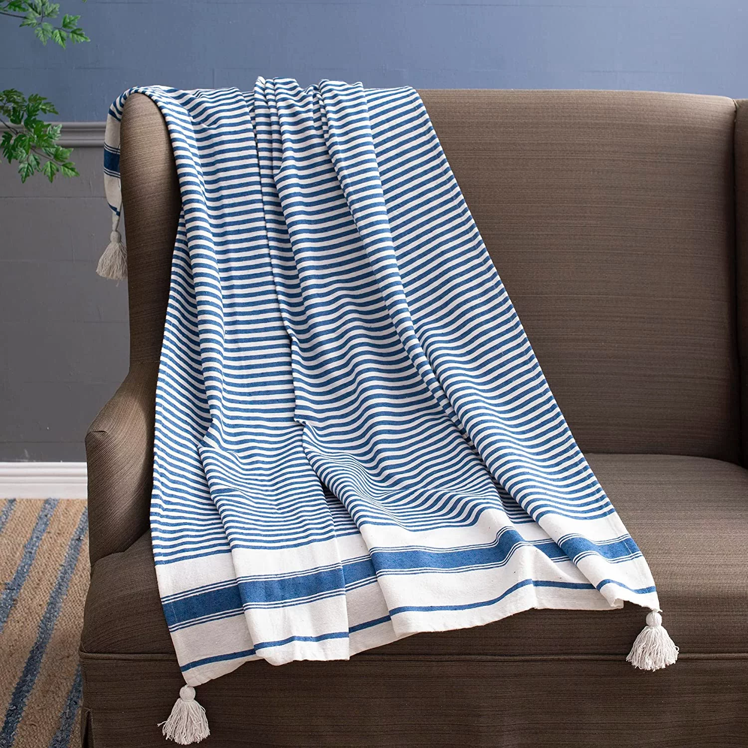 A&B Home Throw Blanket - Blue and White Stripe Woven Cotton Blend Blanket, 50