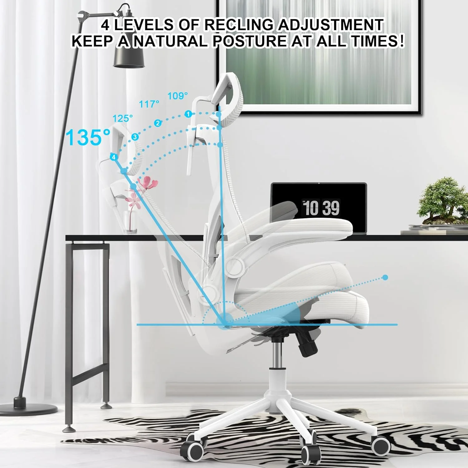 , Ergonomic Mesh Desk Chair, High Back Computer Chair- Adjustable Headrest with Flip-Up Arms, Lumbar Support, Swivel Executive Task Chair (Modern, White)