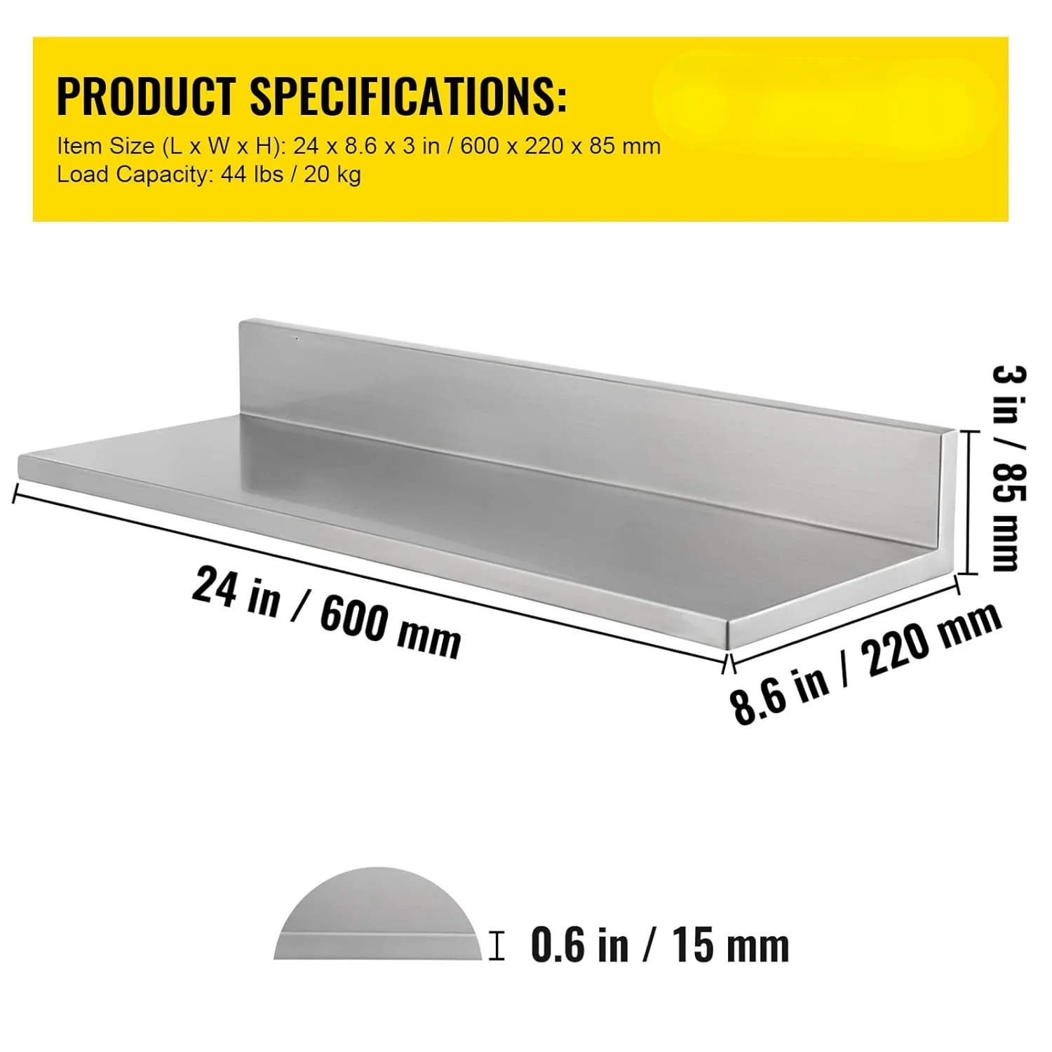 Stainless Steel Wall Shelf, 8.6'' x 24'', 44 lbs Load Heavy Duty Commercial Wall Mount Shelving w/Backsplash for Restaurant, Home, Kitchen, Hotel, Laundry Room, Bar (2 Packs)