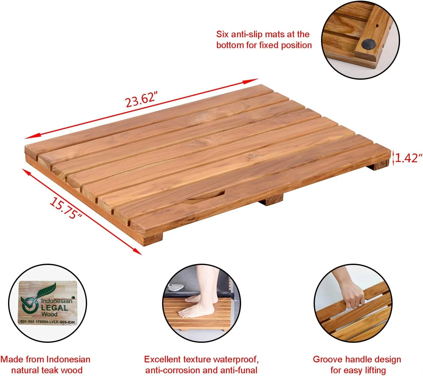 Solid Teak Bathroom Shower Mat Bathroom Anti-Slip Mat Non-Slip Wooden Platform for Sauna, Pool, Hot Tub Flooring Decor and Protector (M-23.62''X15.75''X1.42'')