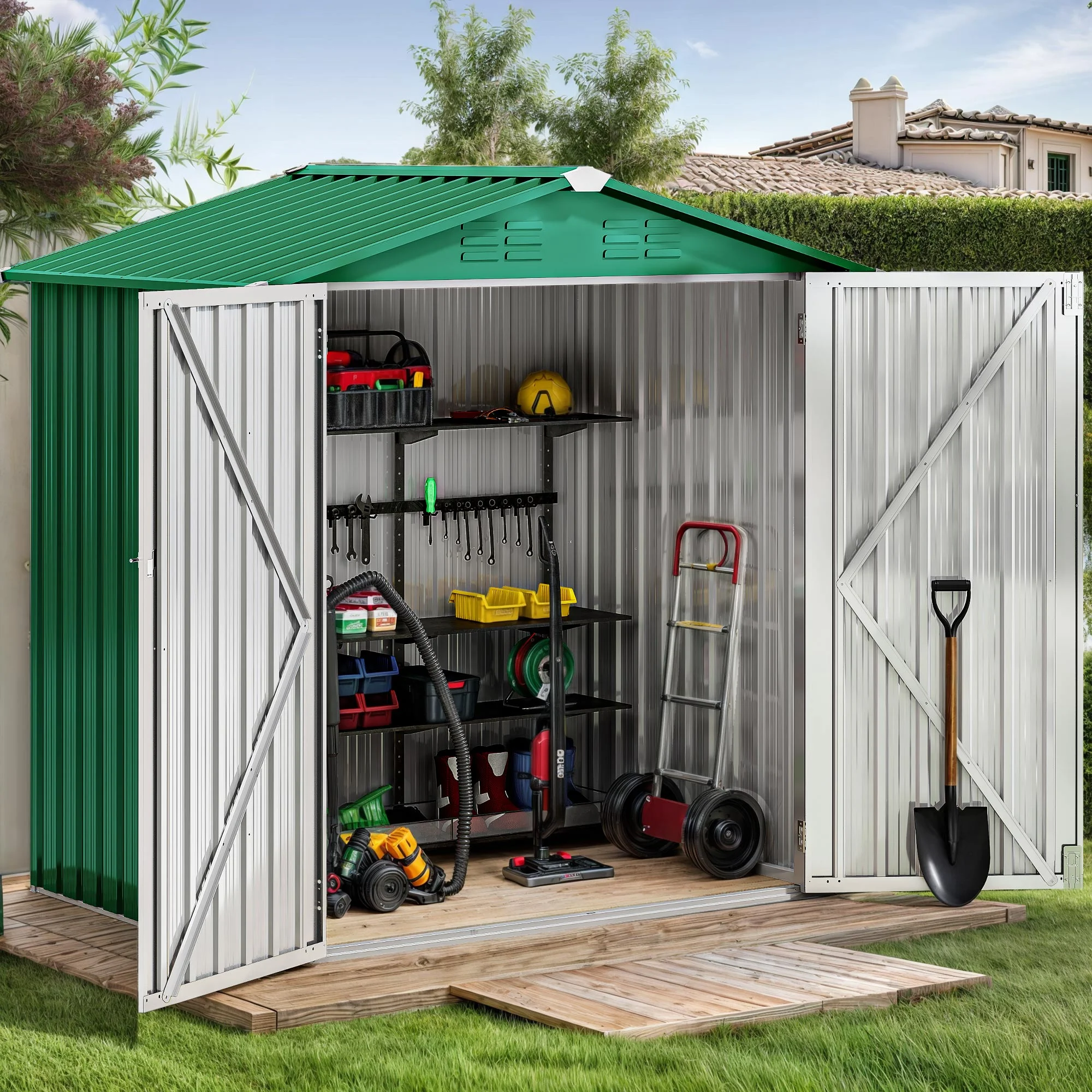 ModFusion 6x4 Ft Corrosion Resistant Shed & Outdoor Storage: Air Vent, Lockable Double Door, Gable Roof, Large Galvanized Metal, Ideal for Storing Bike, Trash Can, Backyard, Patio, Garden Area, Green