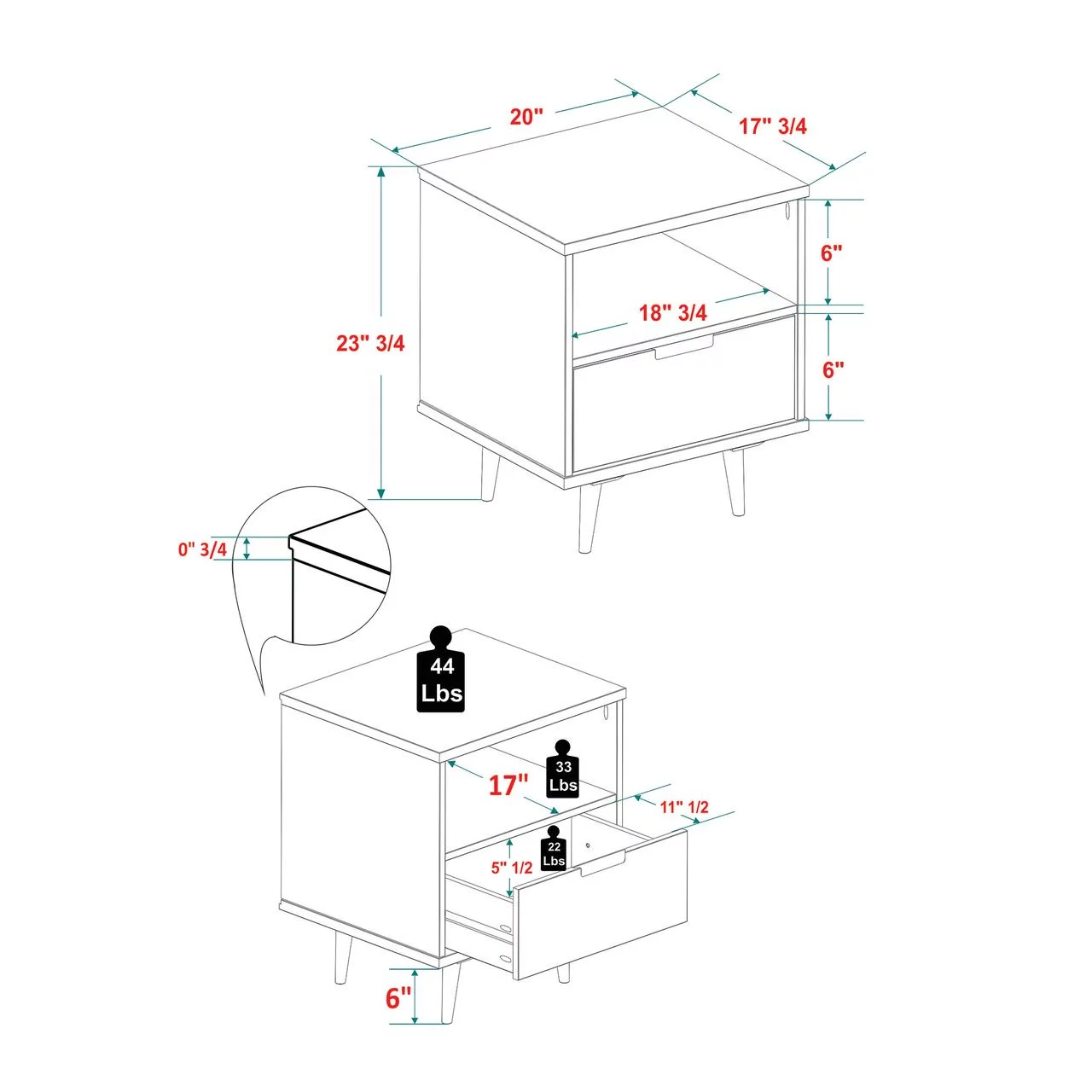 Walker Edison 24” Mid-Century Modern Groove Handle 1-Drawer Side Table, Caramel