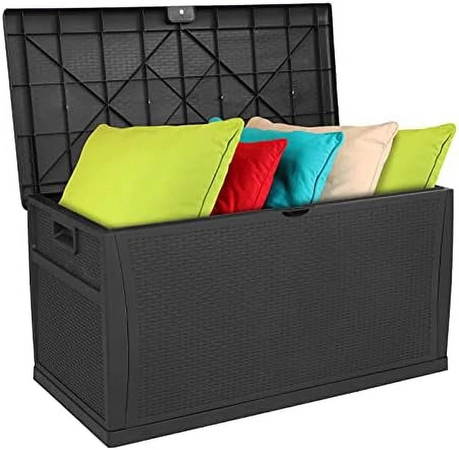 CKPFVY Upgraded 120 Gallon Outdoor  Box  Lockable Plastic  Containers with Lid  Rattan Grain Surface Deck Box Patio  for Garden  Pool  Balcony  Yard (Black)