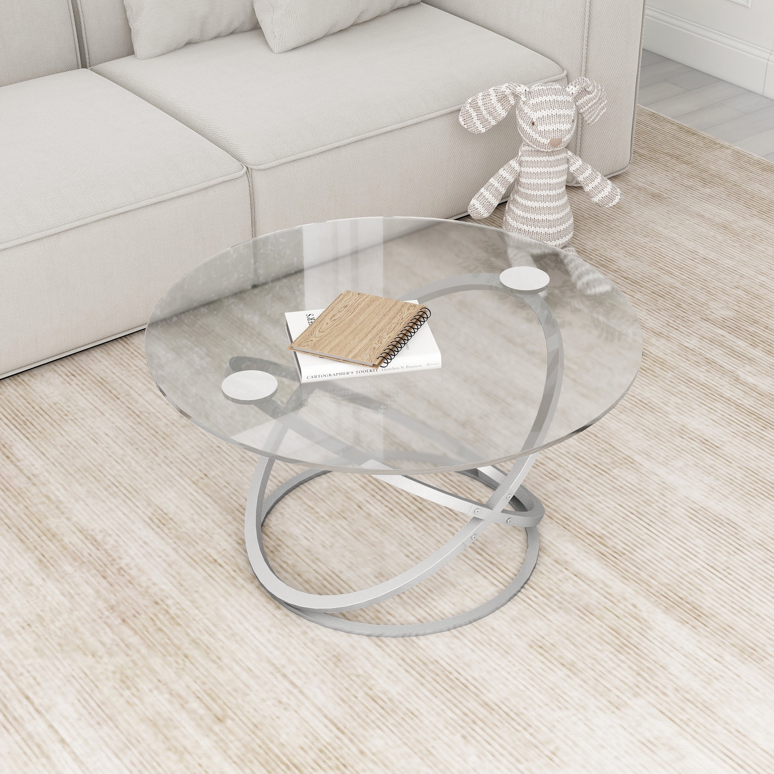 Alazyhome Modern Round Glass Silver Coffee Tables for Living Room