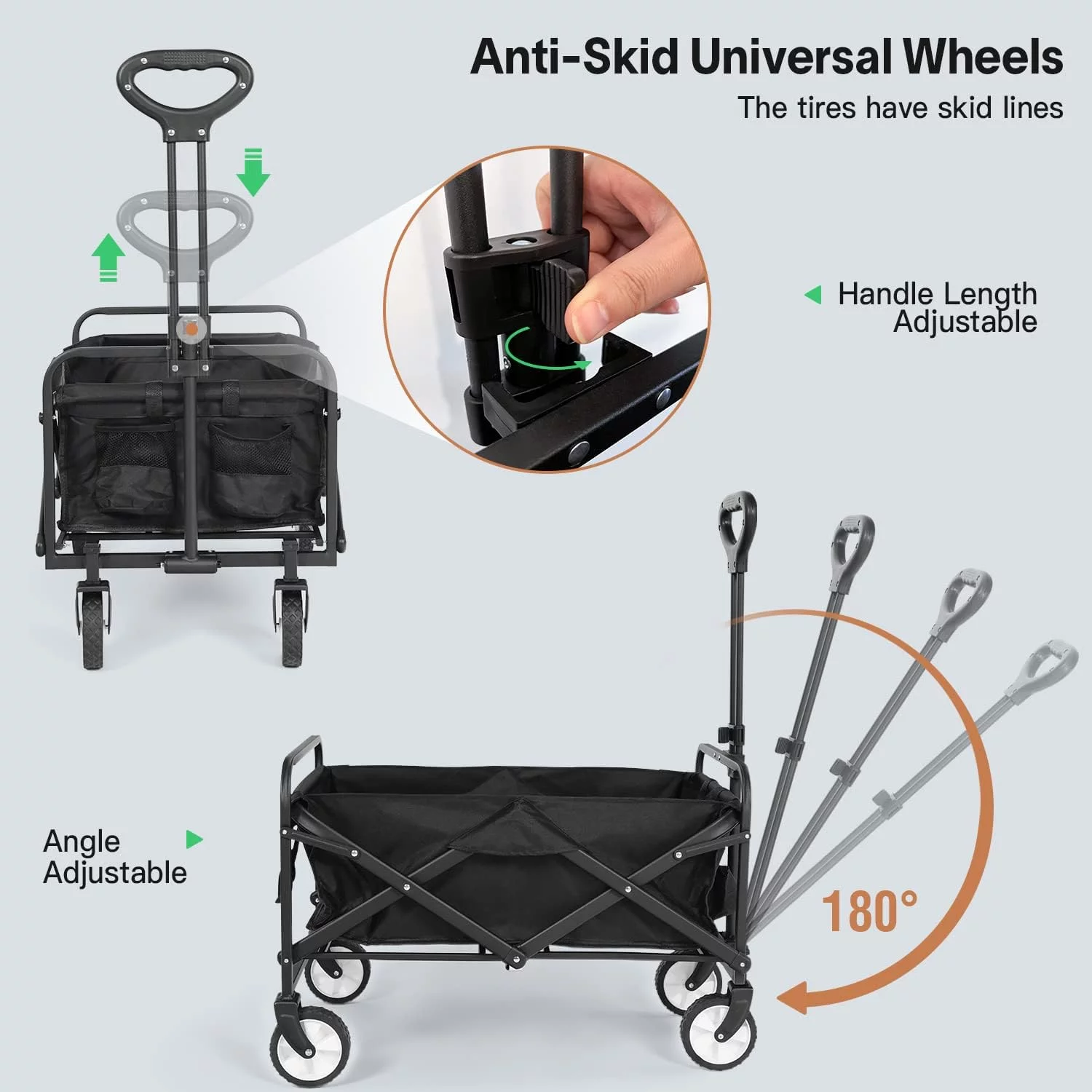 Collapsible Folding Wagon Cart, Heavy Duty Utility Beach Wagon Cart with Wheels Foldable, 220LBS Large Capacity Foldable Grocery Wagon for Camping Garden Shopping Sports, Black