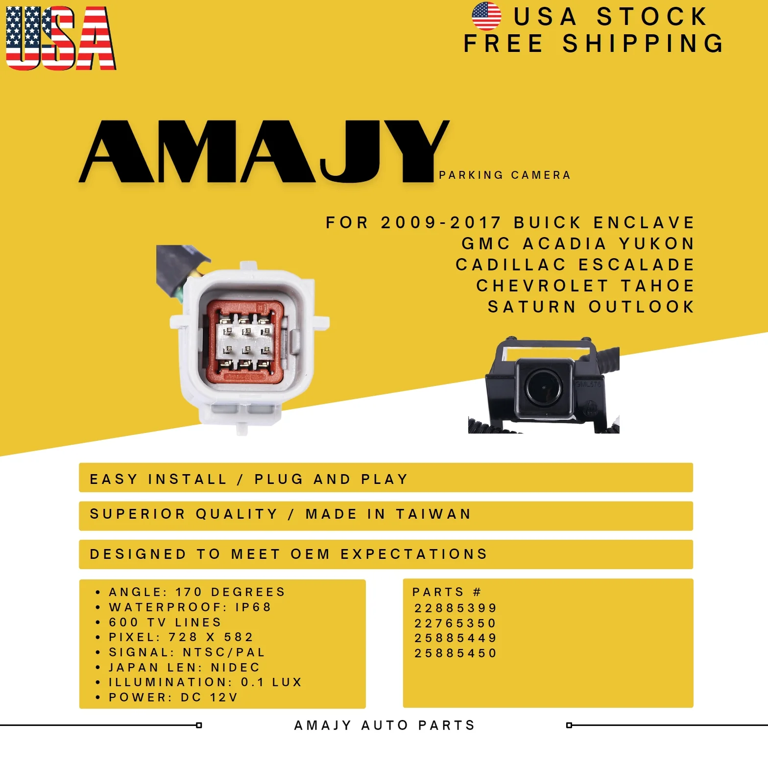 Backup Camera Replaces for 09-17 Buick Enclave  GMC Acadia  Saturn Outlook 22885399 22765350 25885449 25885450