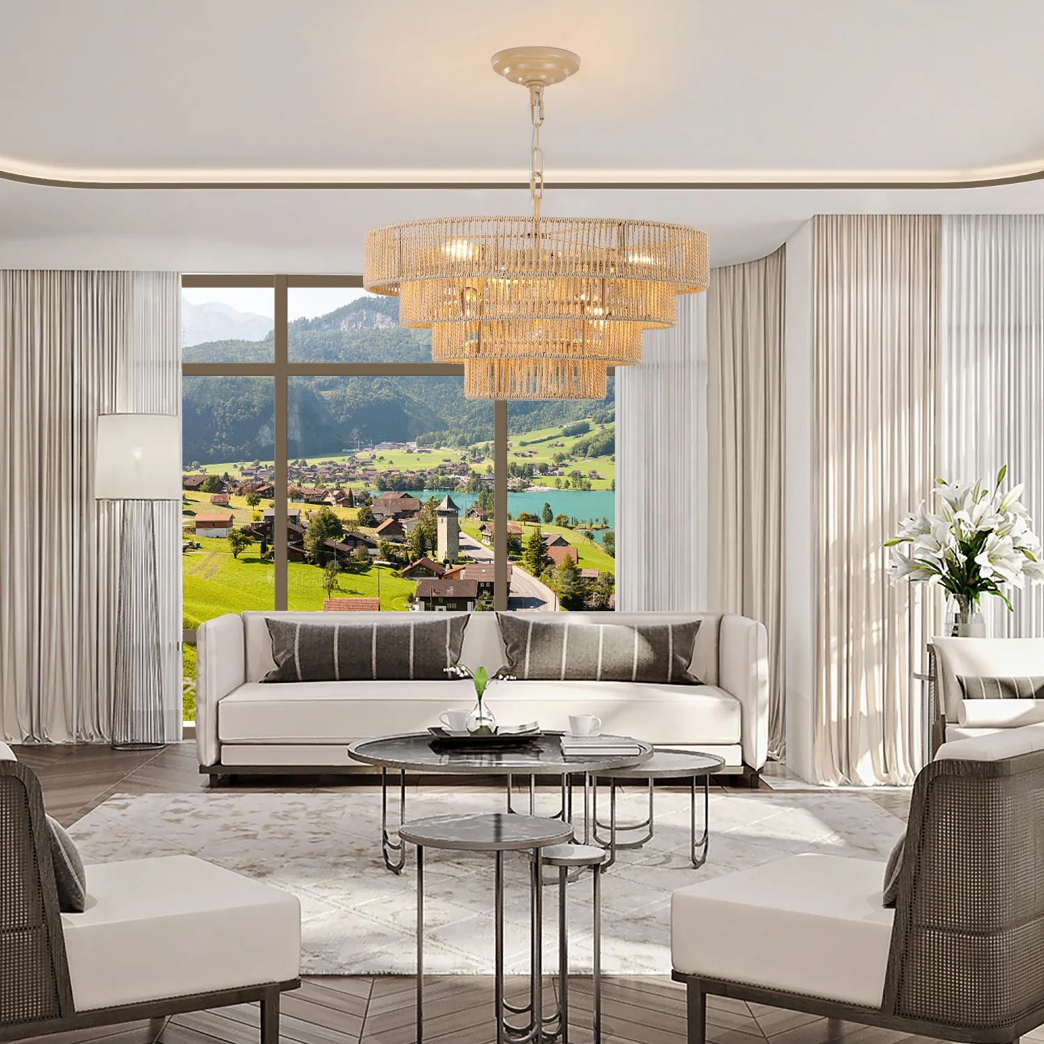 DremFaryoyo Bohemian style Woven Pendant Light 19.7 Inch Rattan Ligh Large Rattan Pendant Light with 4-Tier Rattan Chandelier--Wood