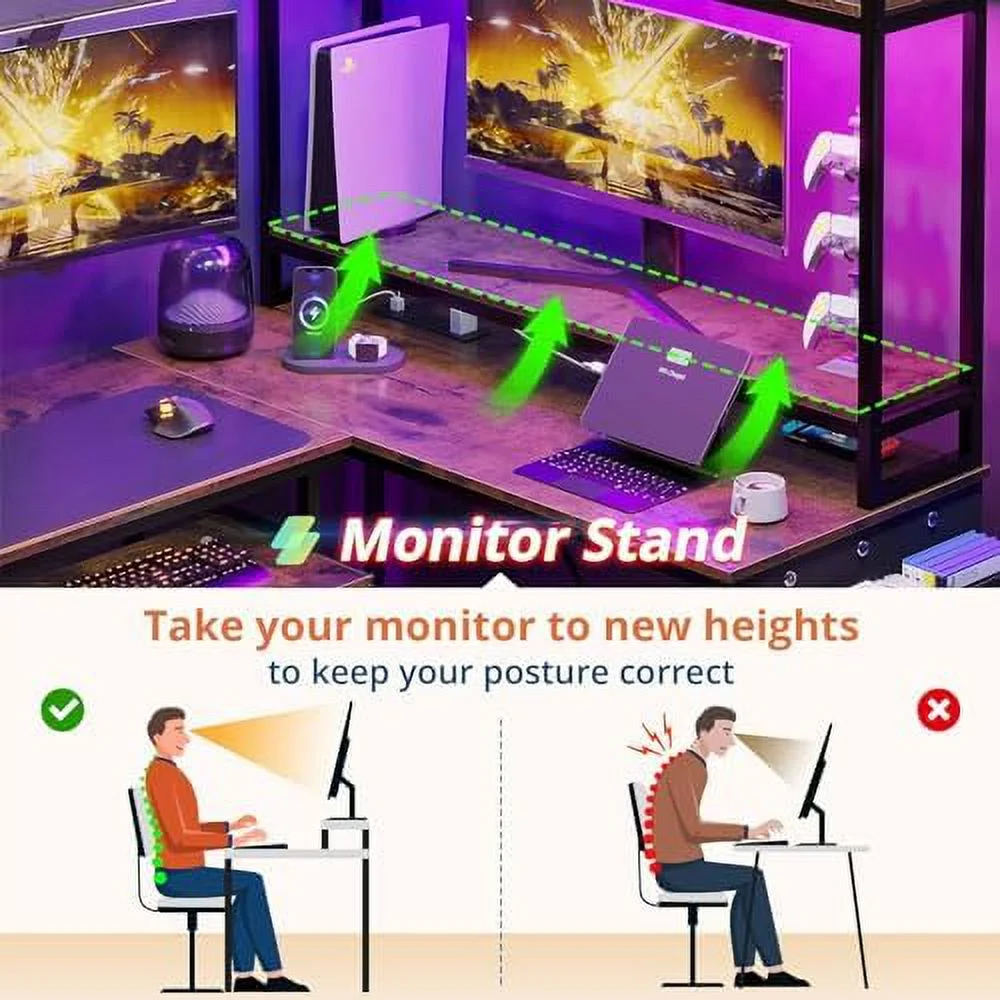 HBROLJF L Shaped Gaming Desk with Shelves  55in Reversible Home Office Desks with Power Outlet RGB Led Strip Movable File Cabinet Keyboard Tray 2 Drawers (Rustic Brown)