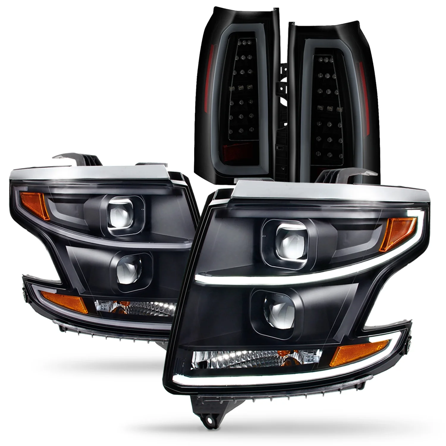 AKKON - [Black] 2015-2020 Chevy Suburban Tahoe Halogen Type Models LED DRL Projector Headlights + Smoked FULL LED Tail light