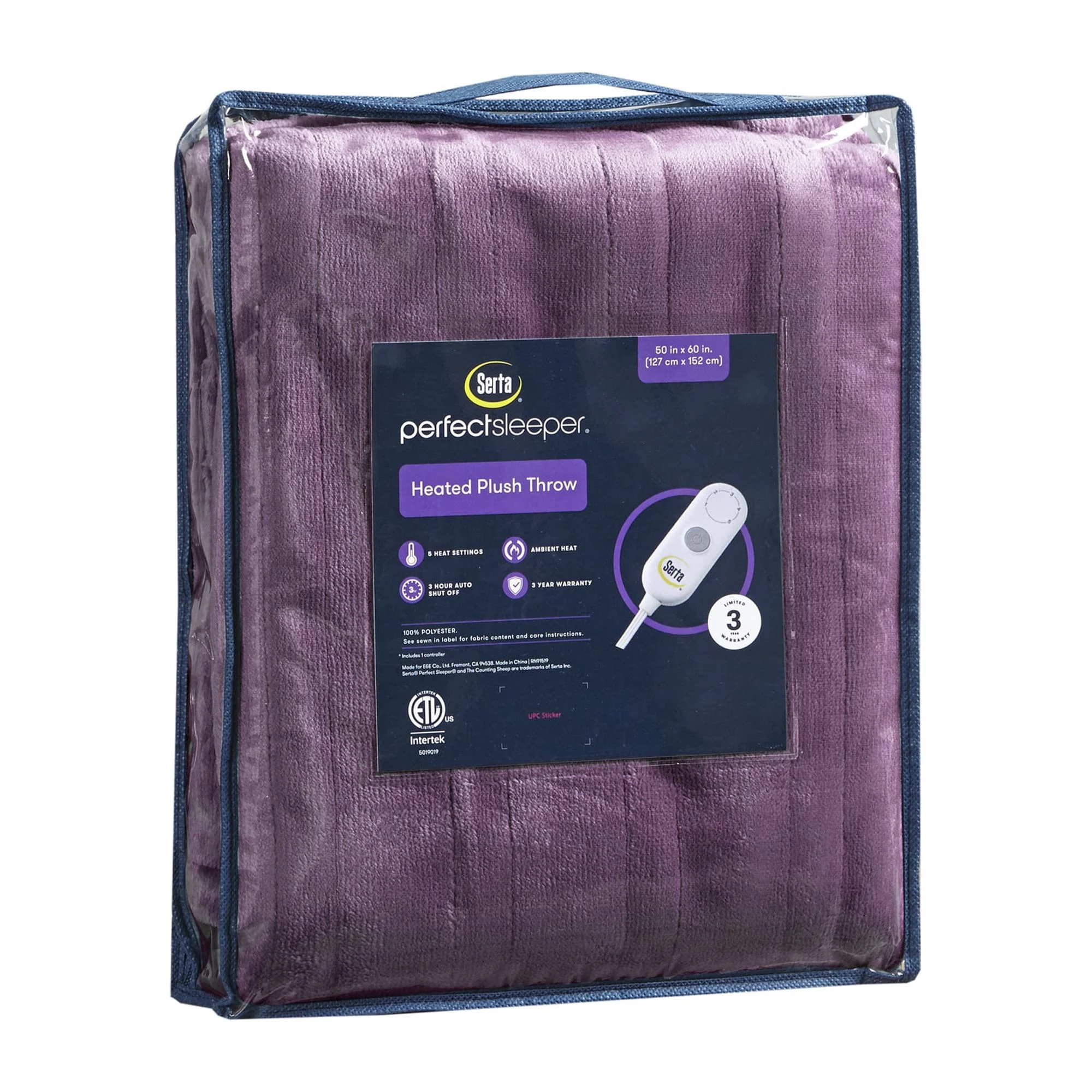 Serta Ultra Soft Plush Electric Throw Heated Blanket Bedding Plum 50