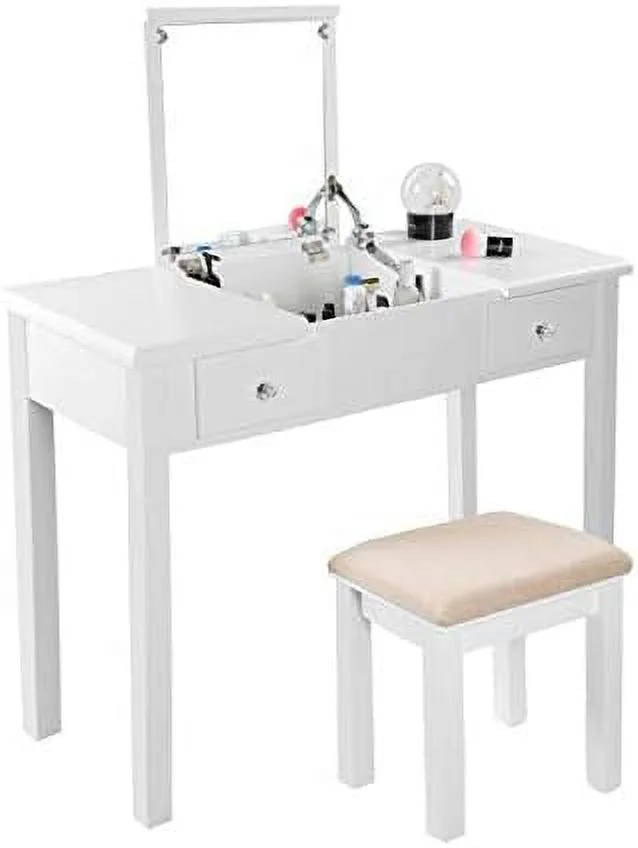 FDSHOIYN Vanity Table with Flip Top Mirror  Dressing Table Writing Desk with Cushioning  Stool Set  2 Drawers 3 Removable Organizers Easy Assembly (White)