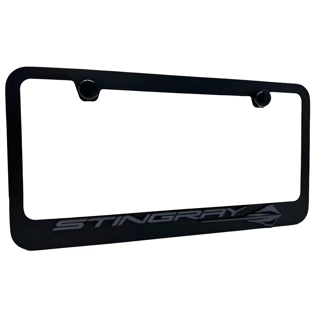 C8 Corvette Stingray License Plate Frame - Black with Black C8 Stingray Fish Logo