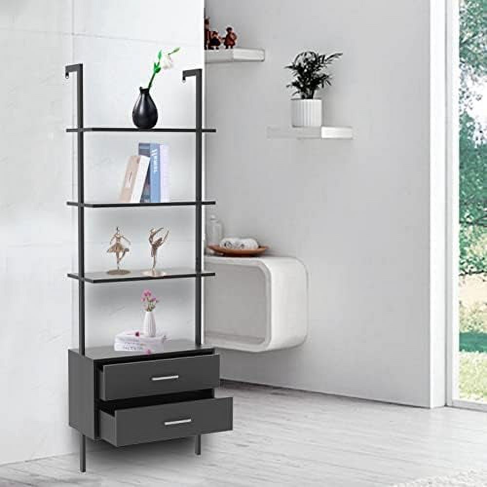 ZWNLKQG Ladder Bookshelf with 2 Drawers  3-Tier Display Bookcase  Shelves Plant Flower Stand with Metal Frame  Wall Mount Required