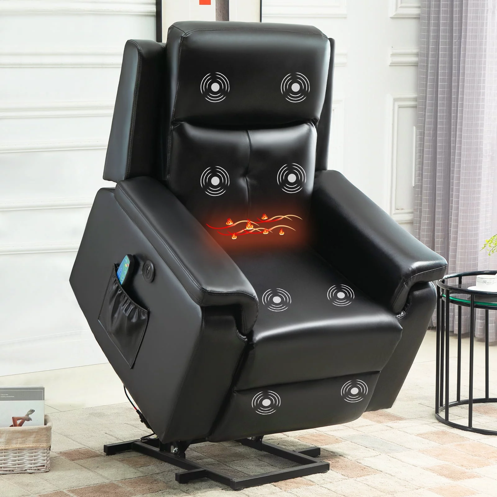 AVAWING Power Lift Recliner Chair for Elderly, Microfiber/Leather Electric Massage Recliner Chair w/Heat, Remote Control, Side Pocket, USB Charge Port for Living Room, Bedroom（Black)